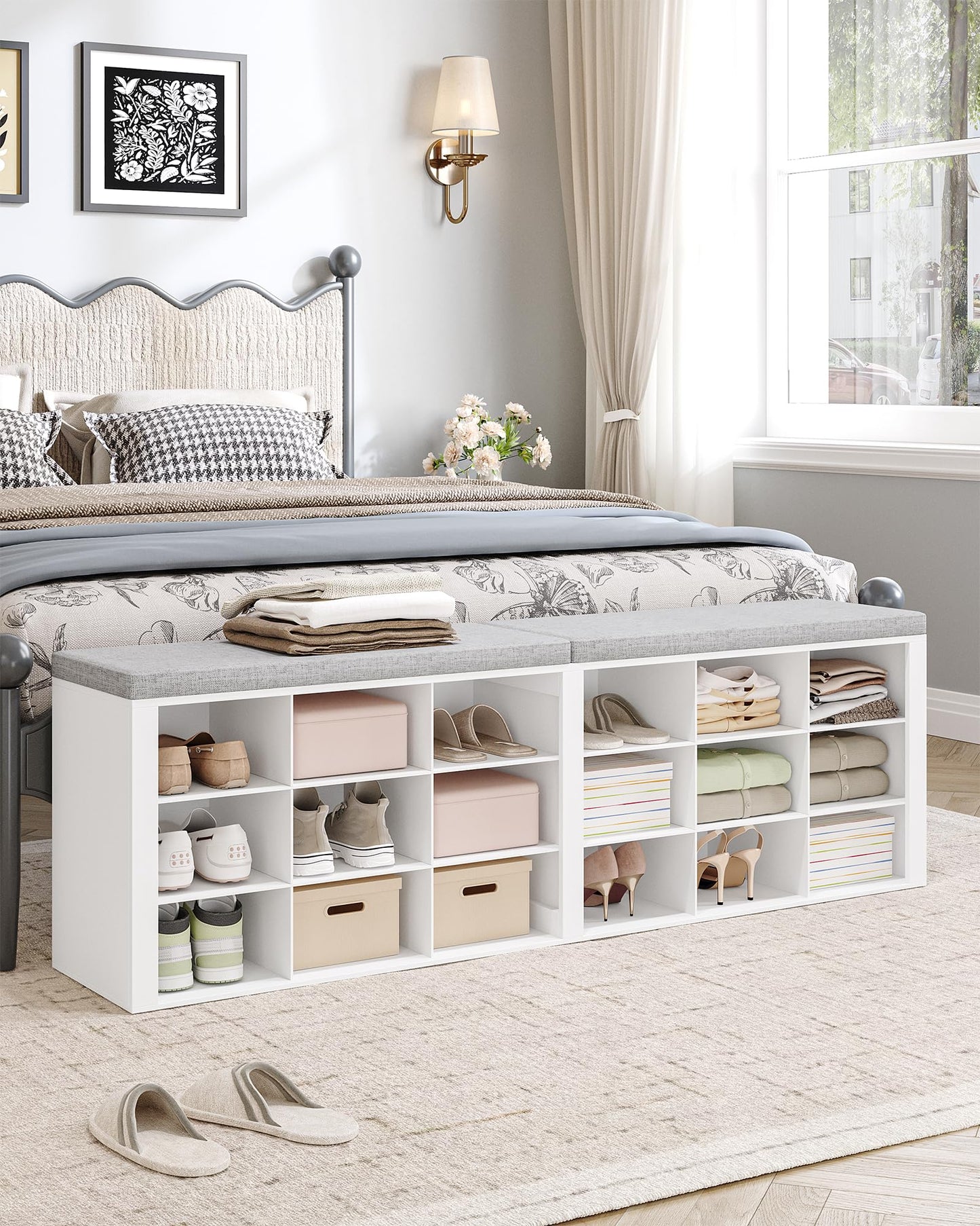 Hzuaneri Shoe Storage Bench with Cushion, Entryway Storage Bench with 18 Cubbies, 9.5" Widened Organizer Cabinet, Long Cubby Rack for Living Room, Bedroom, Entryway, White SB25703GY