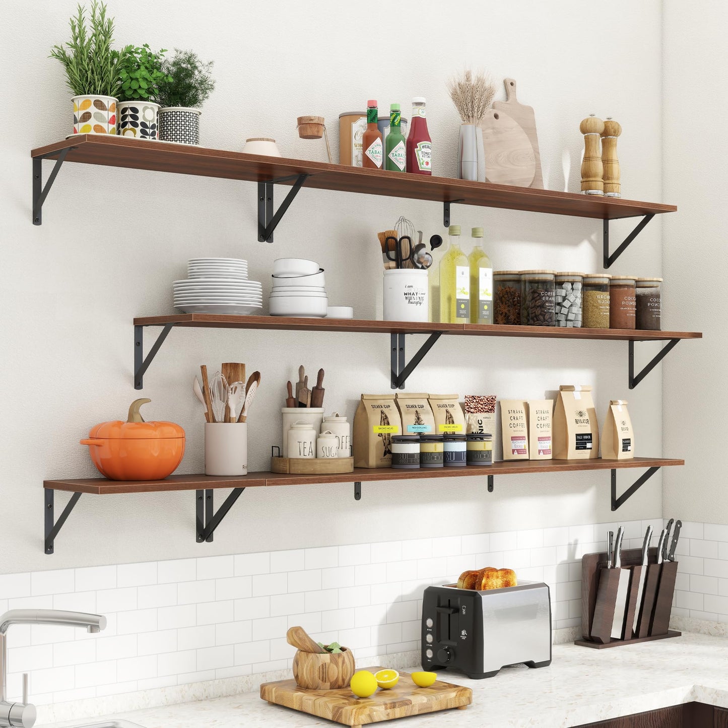 Acovy Floating Shelves with Black Metal Brackets Set of 2,30" Wx8 D Wall Mounted Shelves Floating Bookshelf,Hanging Storage Shelf for Living Room,Bedroom,Bathroom,Office,Walnut