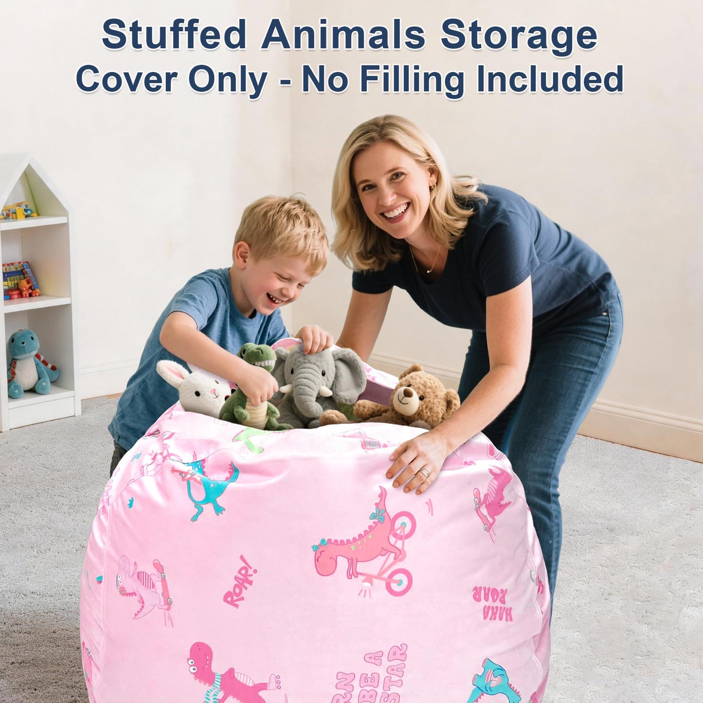 Lukeight Dinosaur Stuffed Animals Storage Bean Bag Chair Cover for Kids, Cozy Velvet Plush Toy Organizer Seat, Cover Only, No Filling Included, Long YKK Zipper, Side Pocket, X-Large 30 x 18 in
