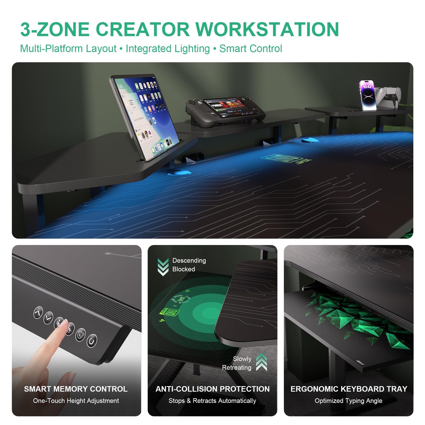 JWX Dual Motor Standing Gaming Desk with Aluminum Alloy Led Lights, 72'' Wing Shaped Large Gaming Studio Music Desk with Slot Design Shelves, for Streamer, Social Media Influencer & Music Recording