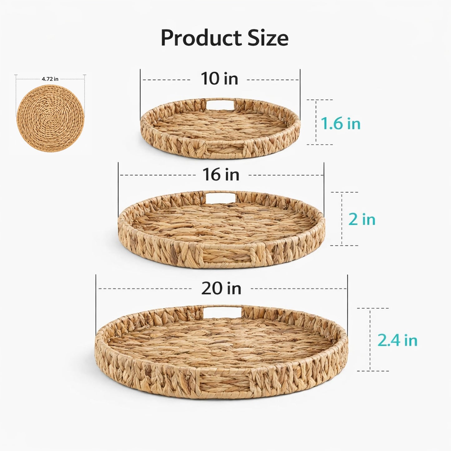 Extra Large Round Ottoman Tray Set of 3 (20", 16", 10")–Water Hyacinth Rattan Wicker Coffee Table Tray with Handles, Oversized Serving Tray for Kitchen Island, Dining Table, Entryway, Bedroom Decor