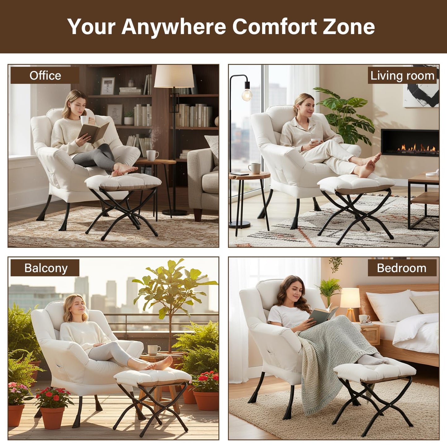 Welnow Lazy Chair with Ottoman, Modern Reading Accent Chair with Armrests and a Side Pocket, Leisure Upholstered Lazy Sofa Set with Footrest for Small Space, Beige
