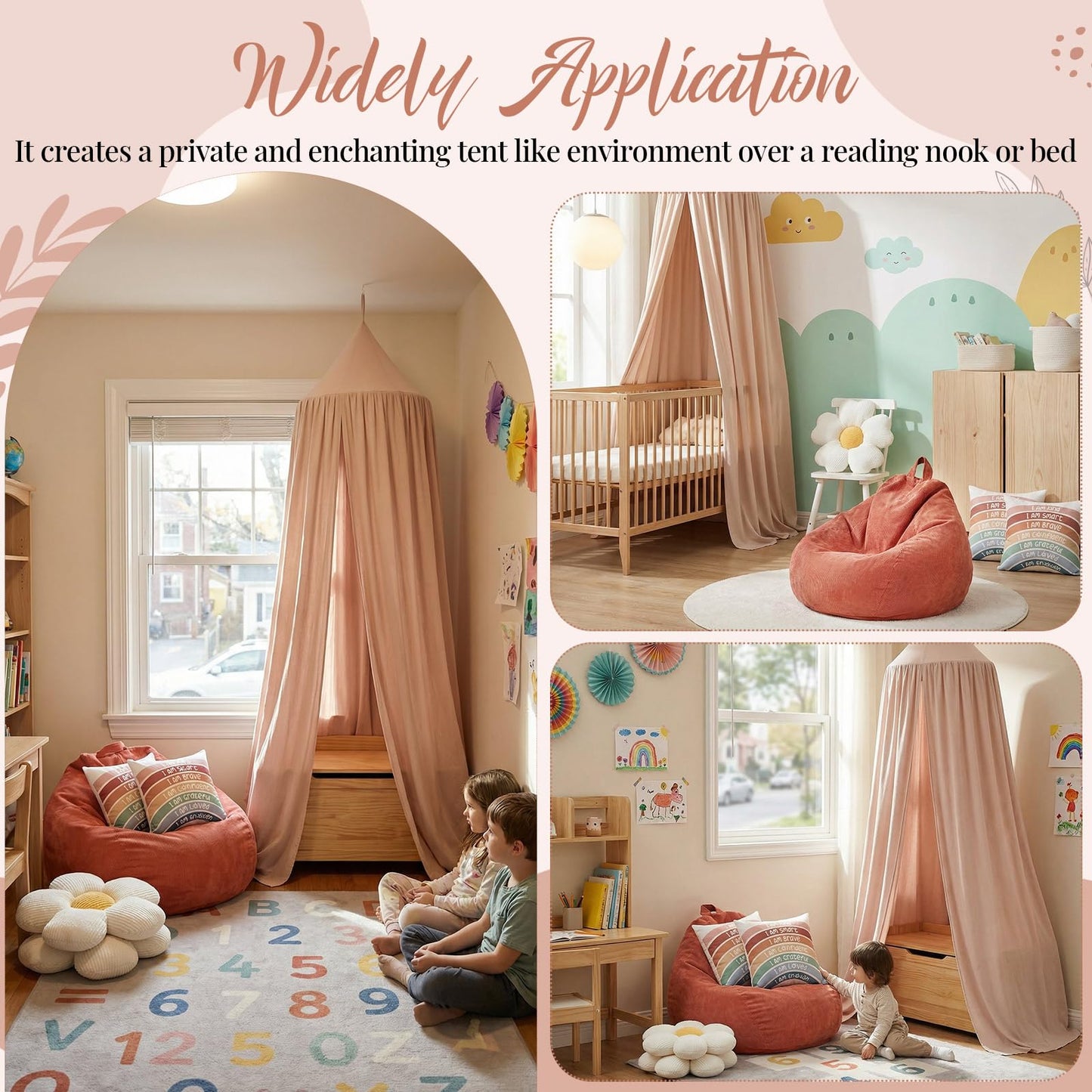 Hillsuren 5 Pcs Kids Reading Corner Set Reading Nook Bean Bag Chair Cover with Canopy Tent, Throw Pillow Cover (No Filler) and Flower Pillow for Bedroom Playroom Nursery Corner Decoration(Beige)