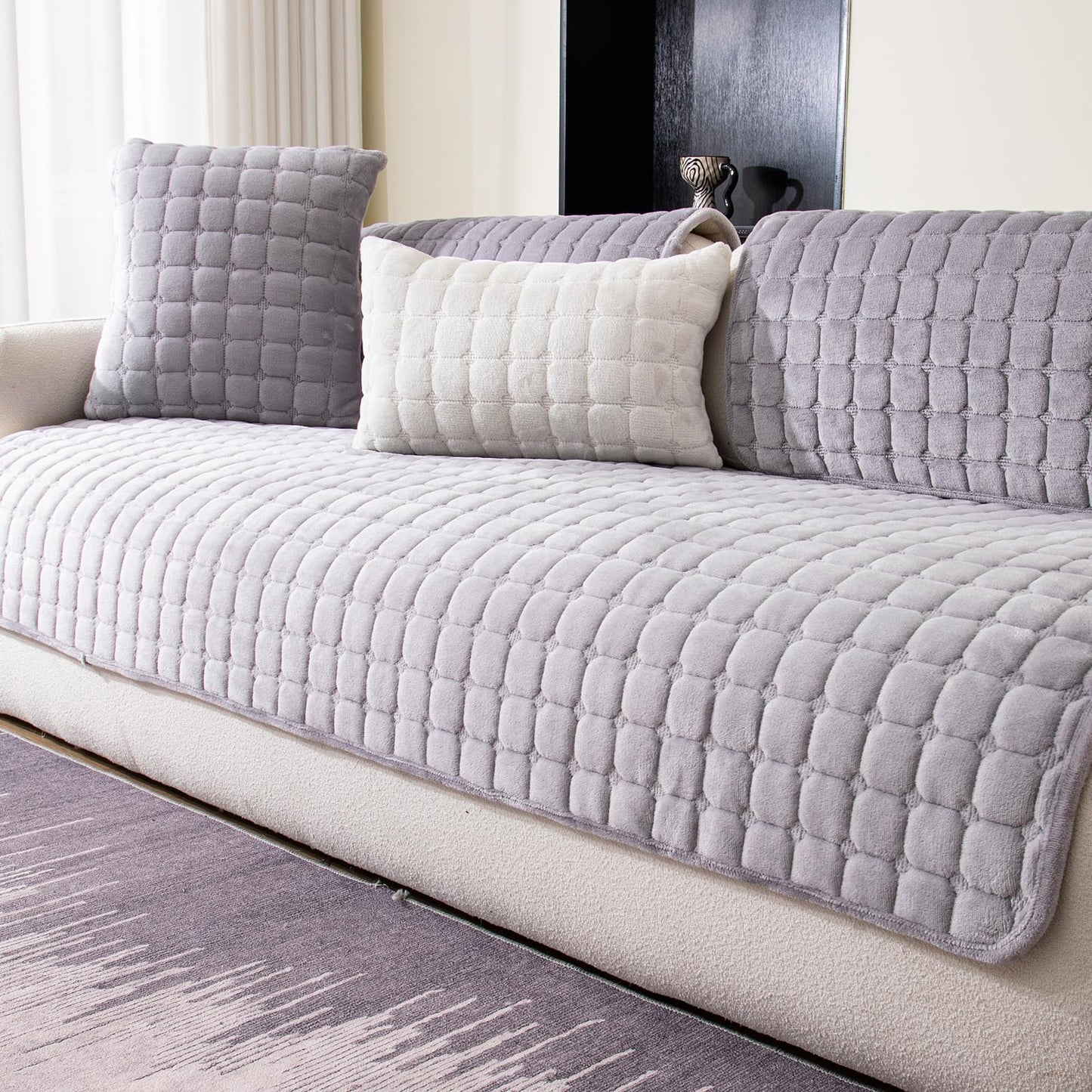 MDSASFD Velvet Couch Cover, Washable Sectional Sofa Cover, Anti Slip Sofa Slipcover for 3 Cushion Couch Sofa L Shaped Armrest Backrest, Furniture Protector Covers for Pets Kids(Light Grey, Only 1 PCS)