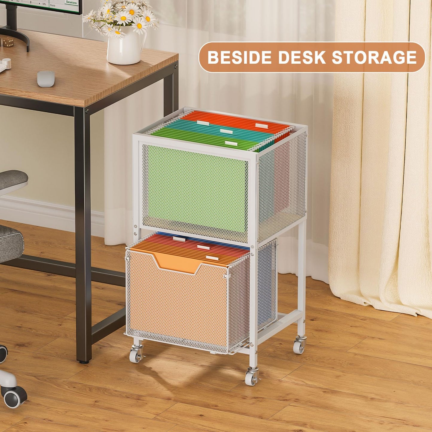 Tiaoheka Rolling File Cart, Mobile File Cabinet with Wheels Hanging Files, Hanging File Organizer Fit Letter/Legal Size Beside Under Desk for Office, Home White（Patent Pending）
