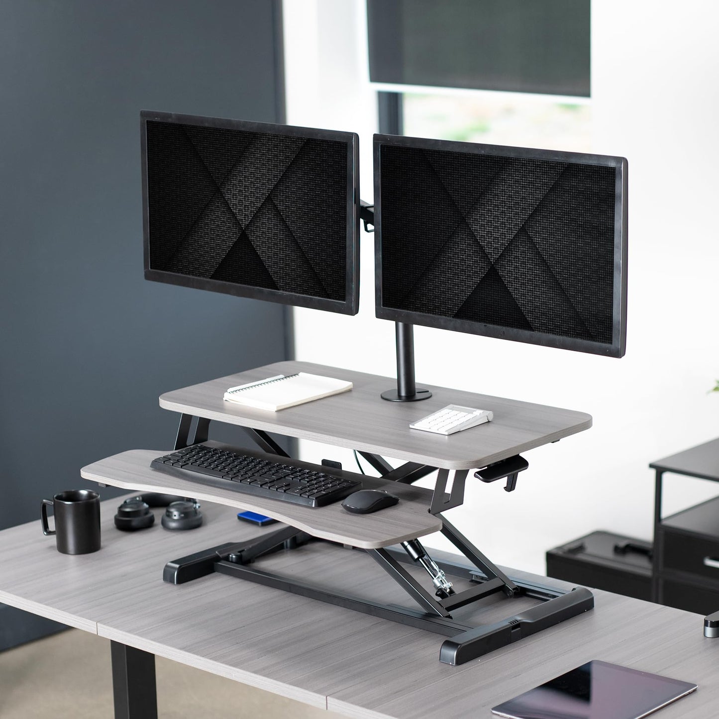 VIVO Height Adjustable 32 inch Standing Desk Converter with Dual 13 to 30 inch Monitor Stand, Sit Stand Monitor Mount and Desk Riser, Gray, DESK-V000K-M2G