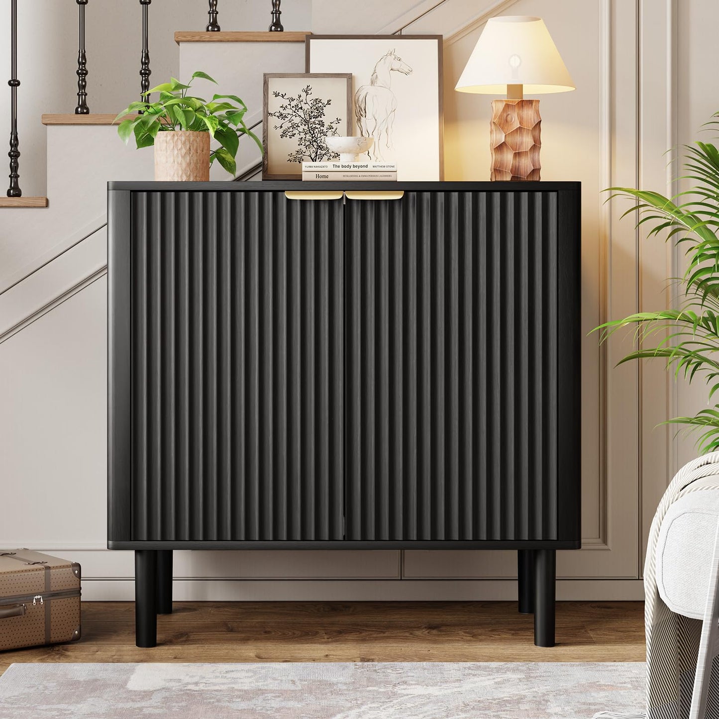 IKALIFE Sideboard Buffet Cabinet with Storage, Modern Fluted Accent Credenza with Doors & Adjustable Shelves, Wood Coffee Bar Console Table for Living Room, Dining Room, Kitchen Entryway 31.5" Black