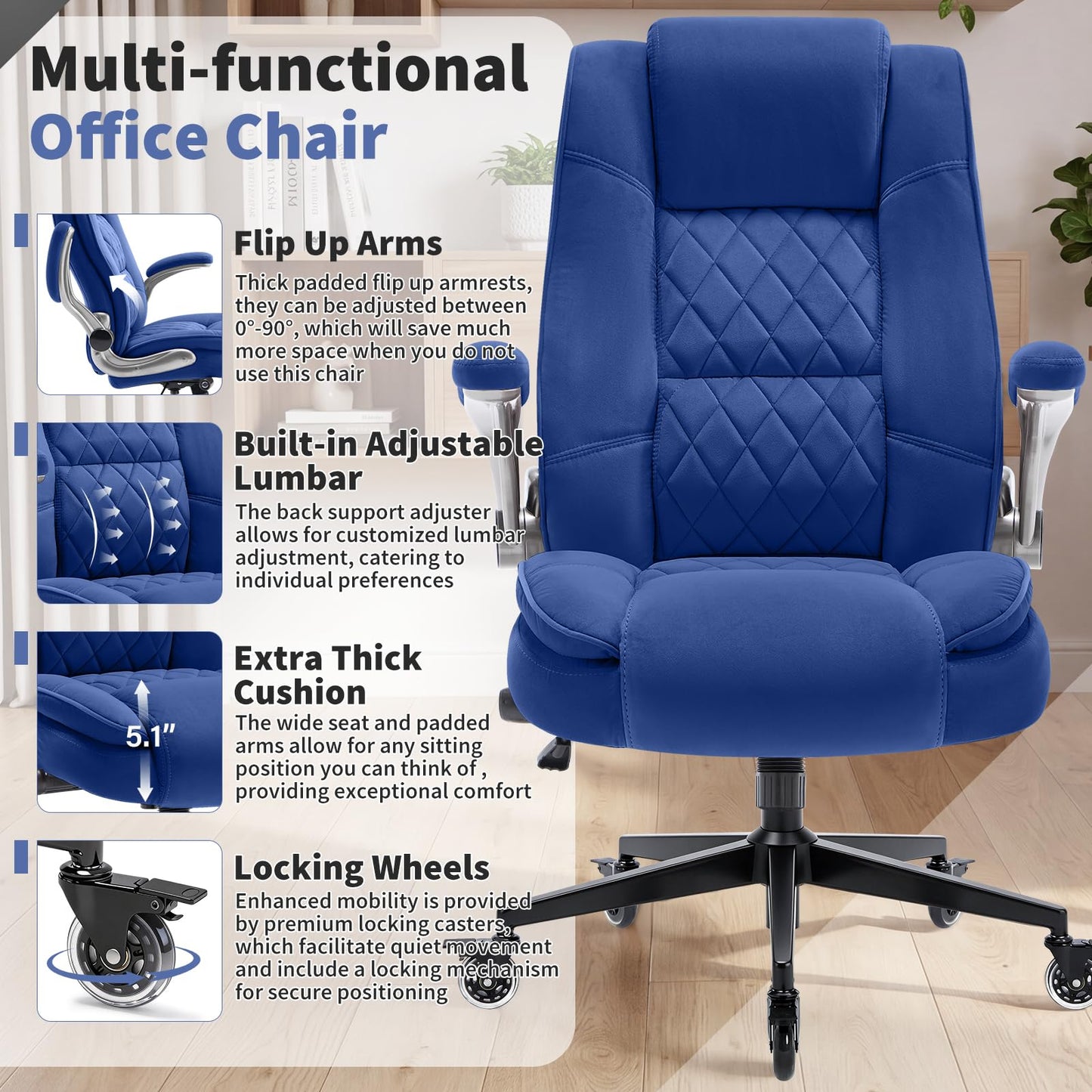 Fabric High Back Office Chair with Lockable Quiet Casters, Thick Padded Ergonomic Computer Chair- Adjustable Lumbar Support & Flip-Up Arms, Wide Executive Desk Chair for Back Pain, 400LBS Capacity