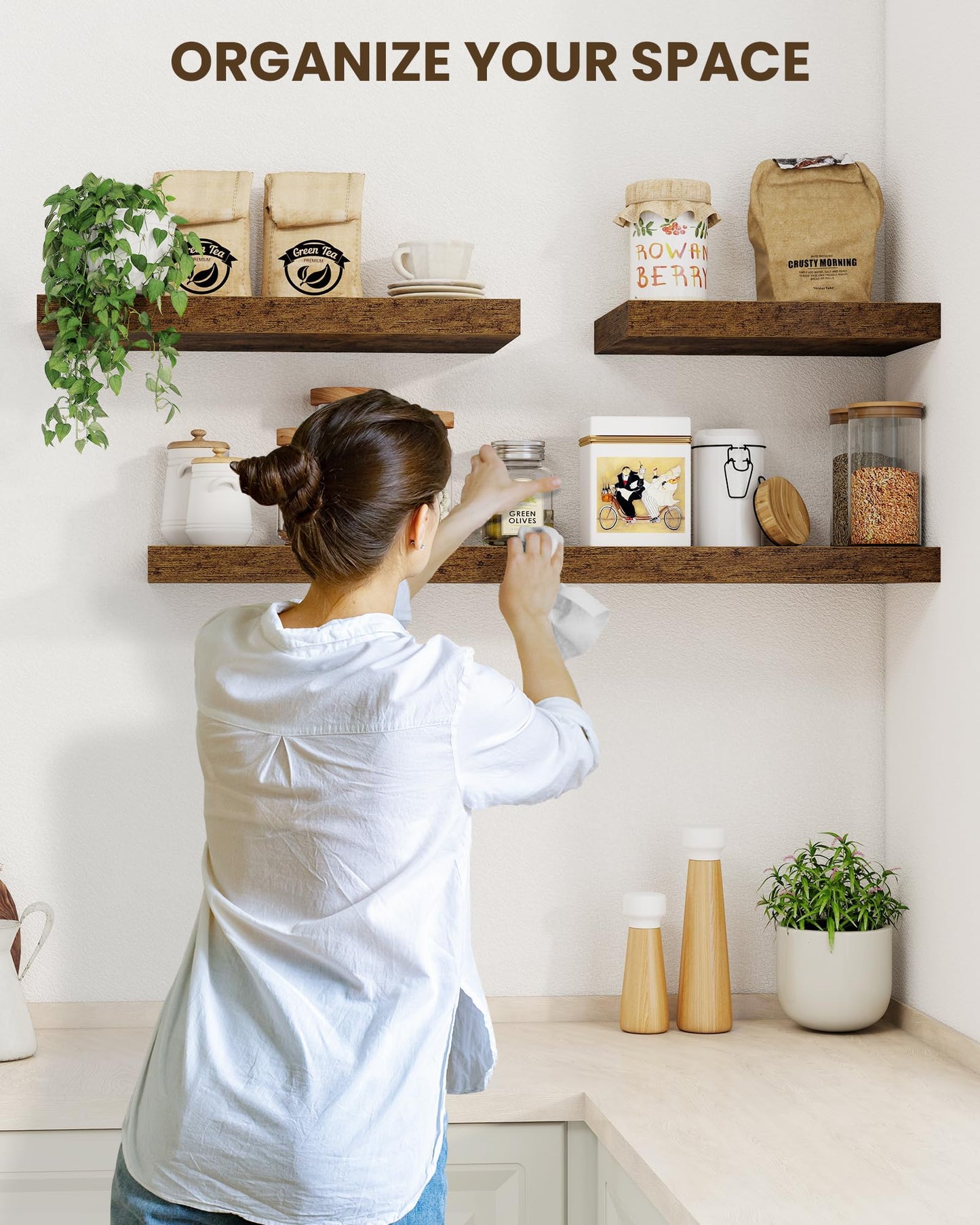Marsmiles 16" Floating Shelves for Wall, Wooden Shelves with Invisible Brackets Set of 2, Rustic Farmhouse Wall Mounted Shelf for Kitchen Bathroom Living Room Study, Rustic Brown