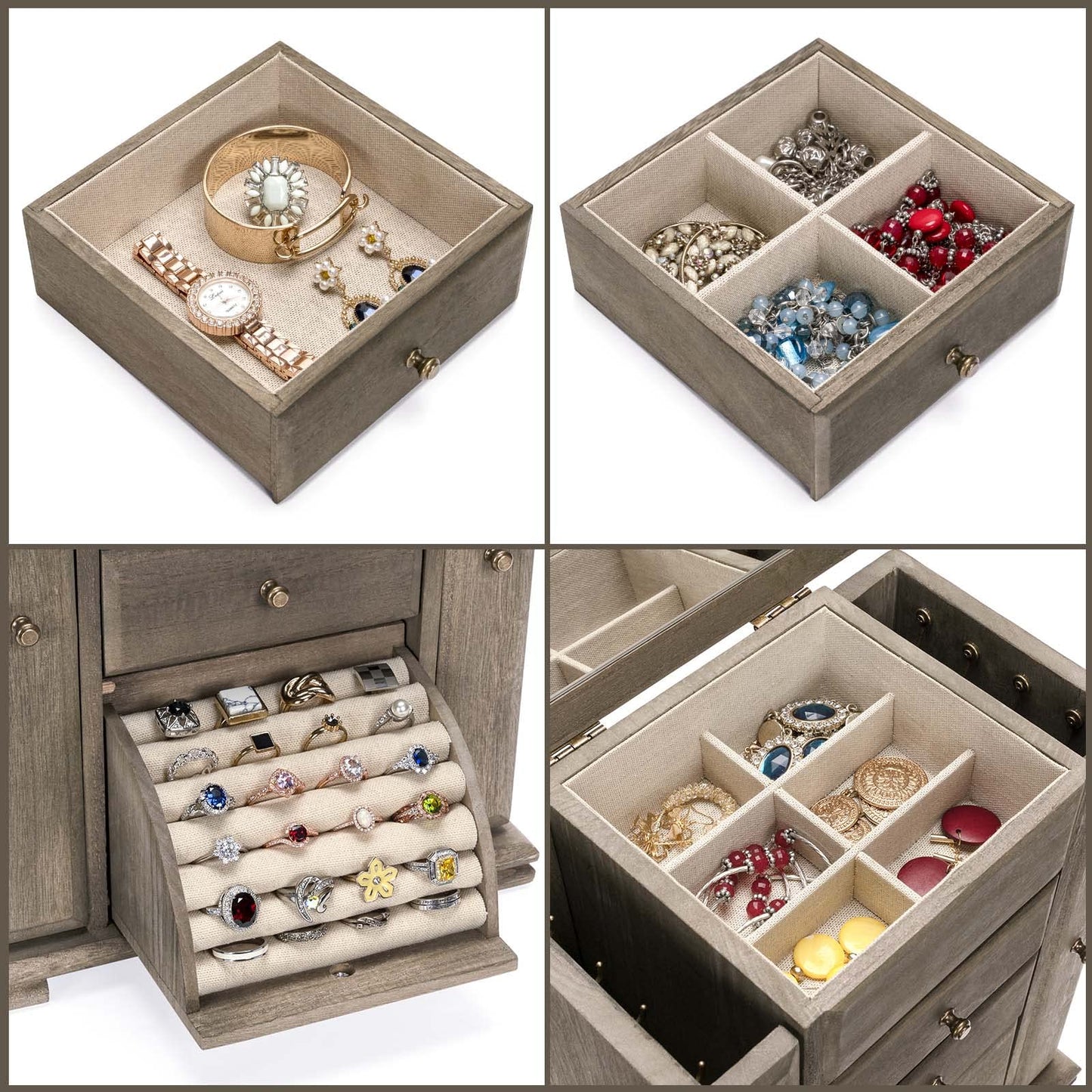 Emfogo Jewelry Box for Women, Rustic Wooden Jewelry Boxes & Organizers with Mirror, 4 Layer Jewelry Organizer Box Display for Rings Earrings Necklaces Bracelets (Weathered Gray)