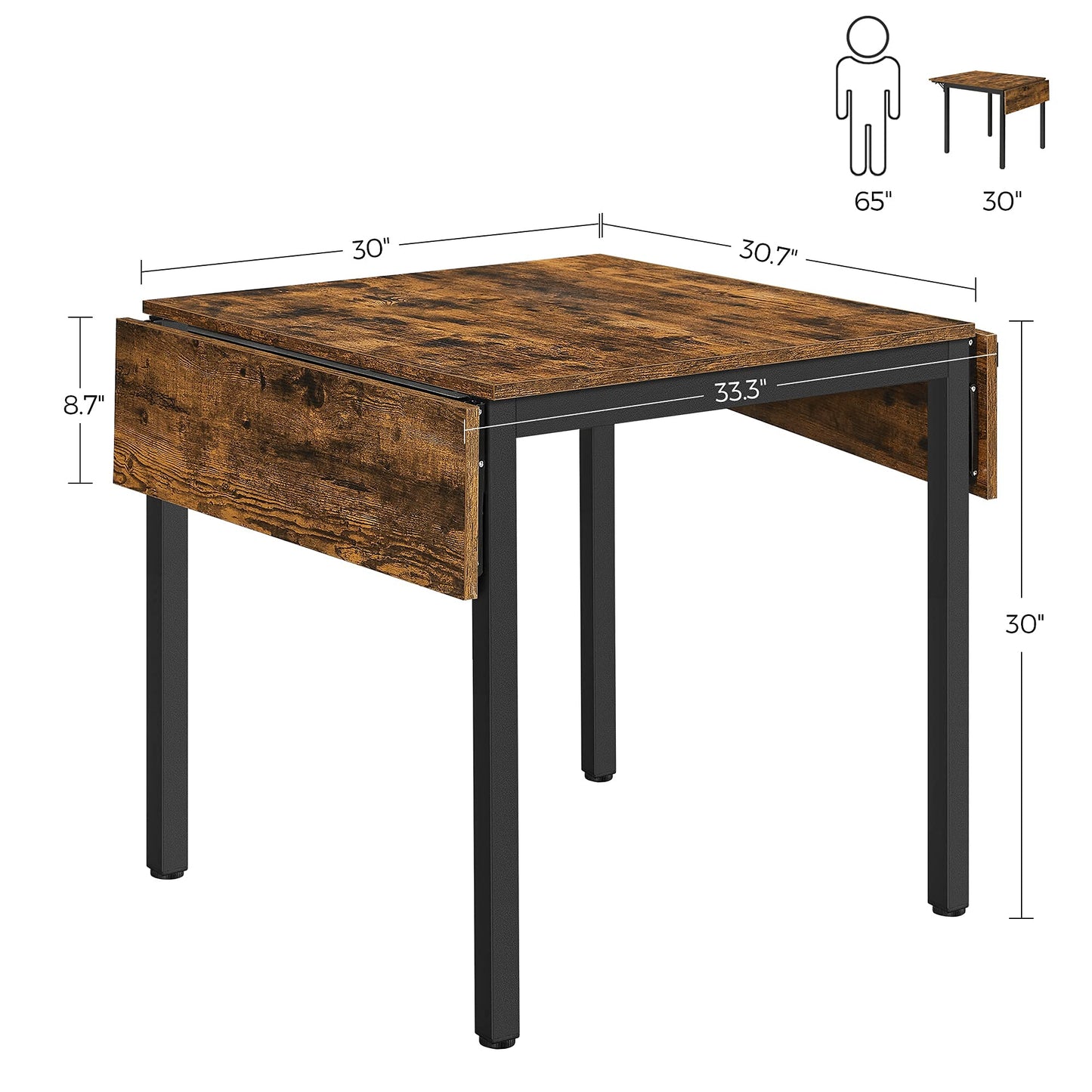 VASAGLE Folding Dining Table, Kitchen Table, Drop Leaf Extendable Table for Small Spaces, Seats 2-4 People, Industrial, Rustic Brown and Black UKDT077B01