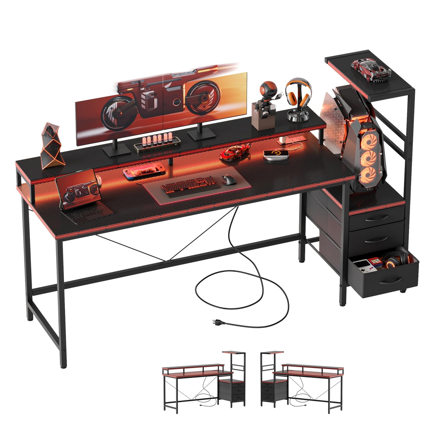Mericonia 60 inch Gaming Desk with LED Lights & Power Outlets, Reversible Computer Desk with Storage Drawers & Monitor Stand, Large Gaming Table for Home Office