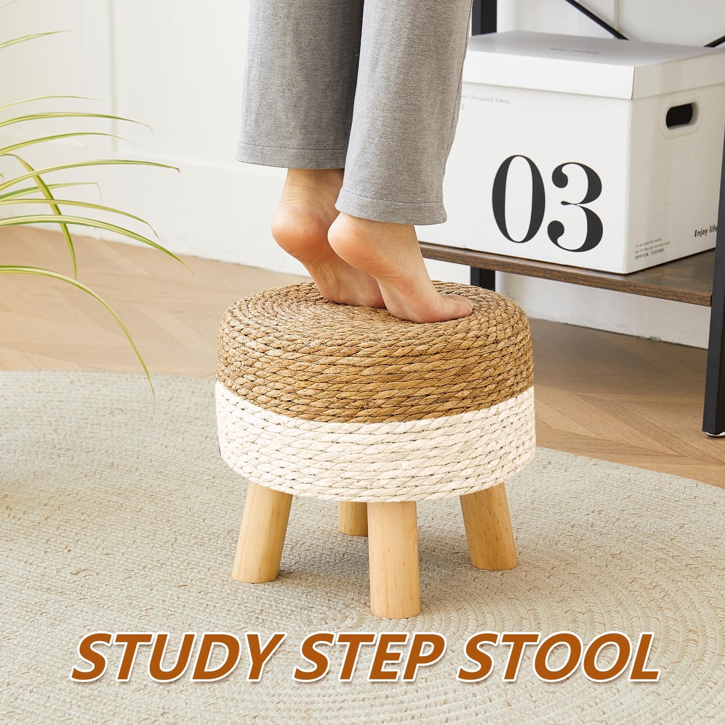 ALeesing Round Ottoman, Natural Seagrass Footstool with 4 Wood Legs, Multifunctional Modern Dressing Stool and Sofa Side Table for Bedroom (White)