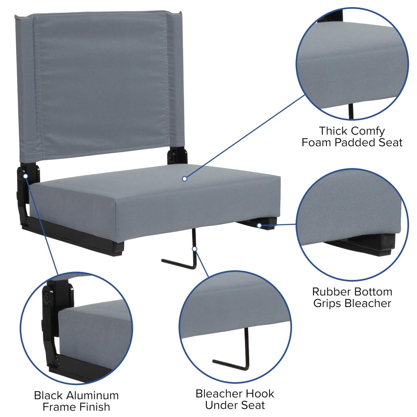 Flash Furniture Grandstand Portable Stadium Seat for Bleachers or Benches, Folding Padded Stadium Chair with Carrying Handle, 500 lb. Weight Capacity, Gray