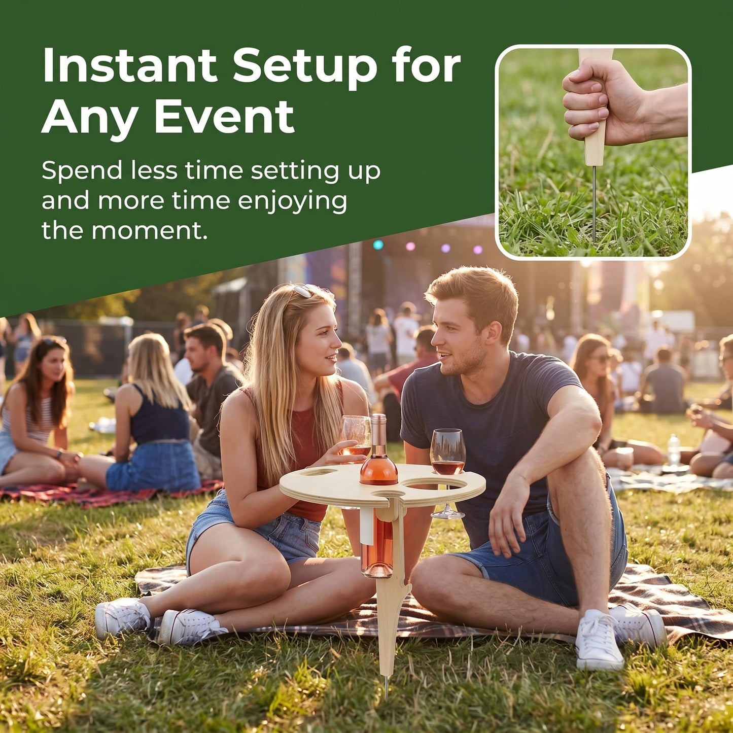 Portable Outdoor Wine Table with Removable Round Wooden Wine Rack, Ground Fixing Design, Comes with Storage Bag, Small Picnic Table for Wine Lovers, Ideal for Garden Lawn Beach, Easy to Carry & Store