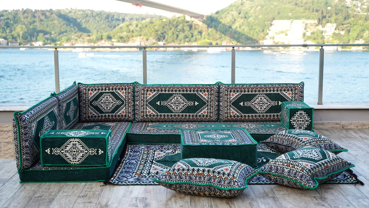 ArabicSofa L Shaped Arabic Floor Cushions, Sectional Sofa, Arabic Majlis Set, Custom Made Sofa, Green, 4'' Thickness, L Sofa Full Set