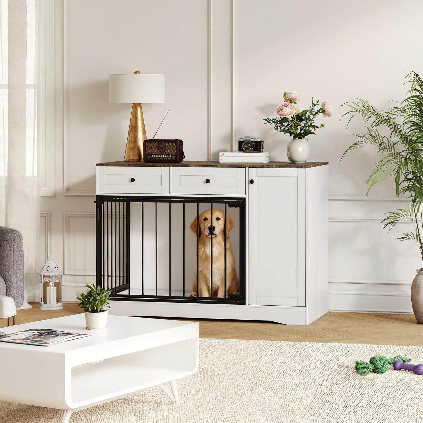 47'' Farmhouse Dog Crate Furniture & TV Stand with Double Doors, Modern Indoor Kennel Dog Cage Buffet Cabinet Side End Table with 2 Drawers and Storage Cabinet for Small Medium Dogs Pet House
