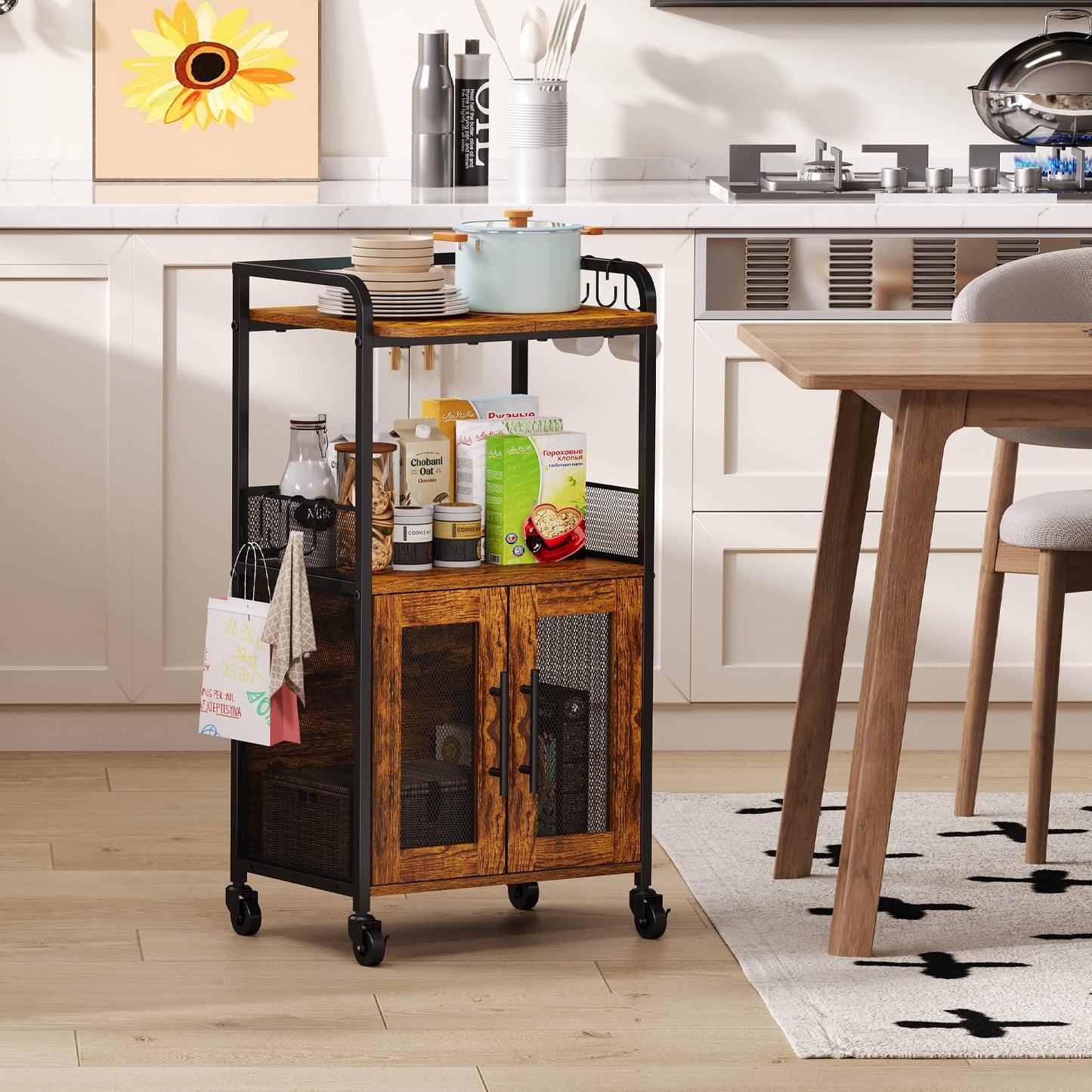 Hencawima Small Coffee Bar Cabinet with Storage, 3-Tier Rolling Coffee Bar Table, Farmhouse Coffee Cart Station with 2 Doors for Living Room, Dining Room, Rustic Brown