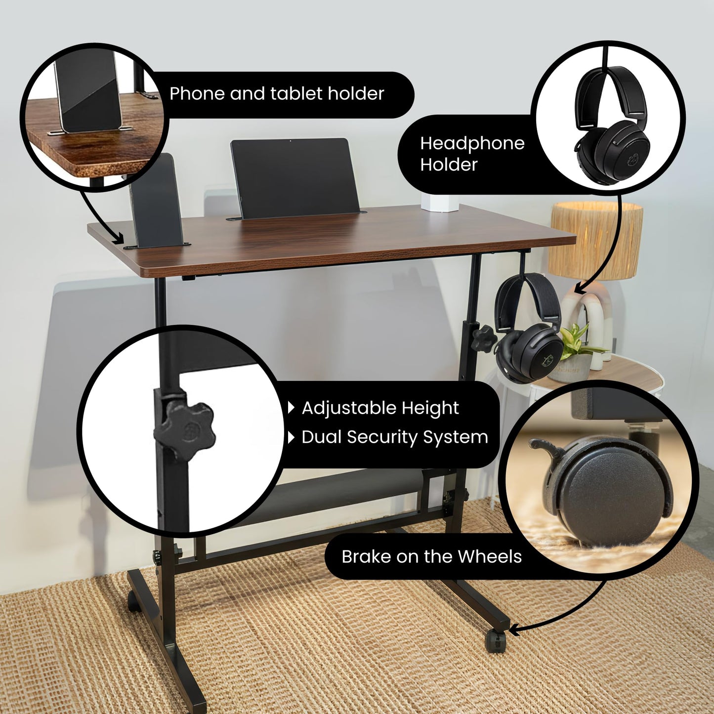 Model 2026 Adjustable Height Rolling Desk With Wheels Portable Compact Laptop Table Mobile Workstation For Study Office Small Space Standing Desk Ergonomic Writing Surface Modern Home Furniture Brown