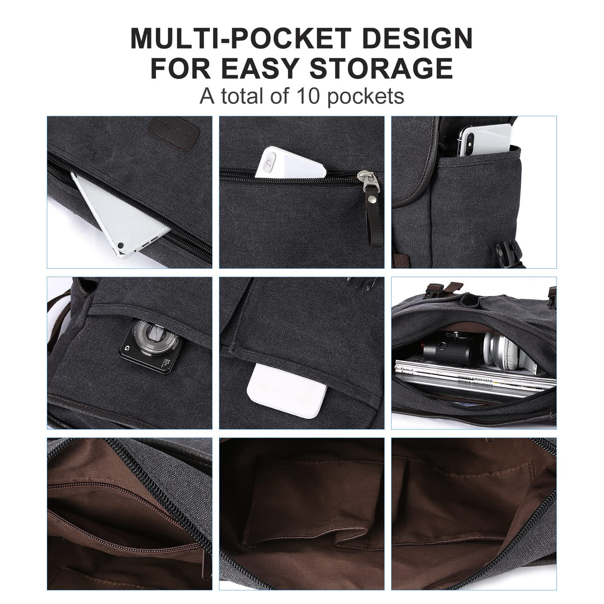 Messenger Bag for Men,Unisex Canvas Shoulder Bag,Classic Vintage Military Messenger Bags for women, satchel Bag,Crossbody Bookbag,Black