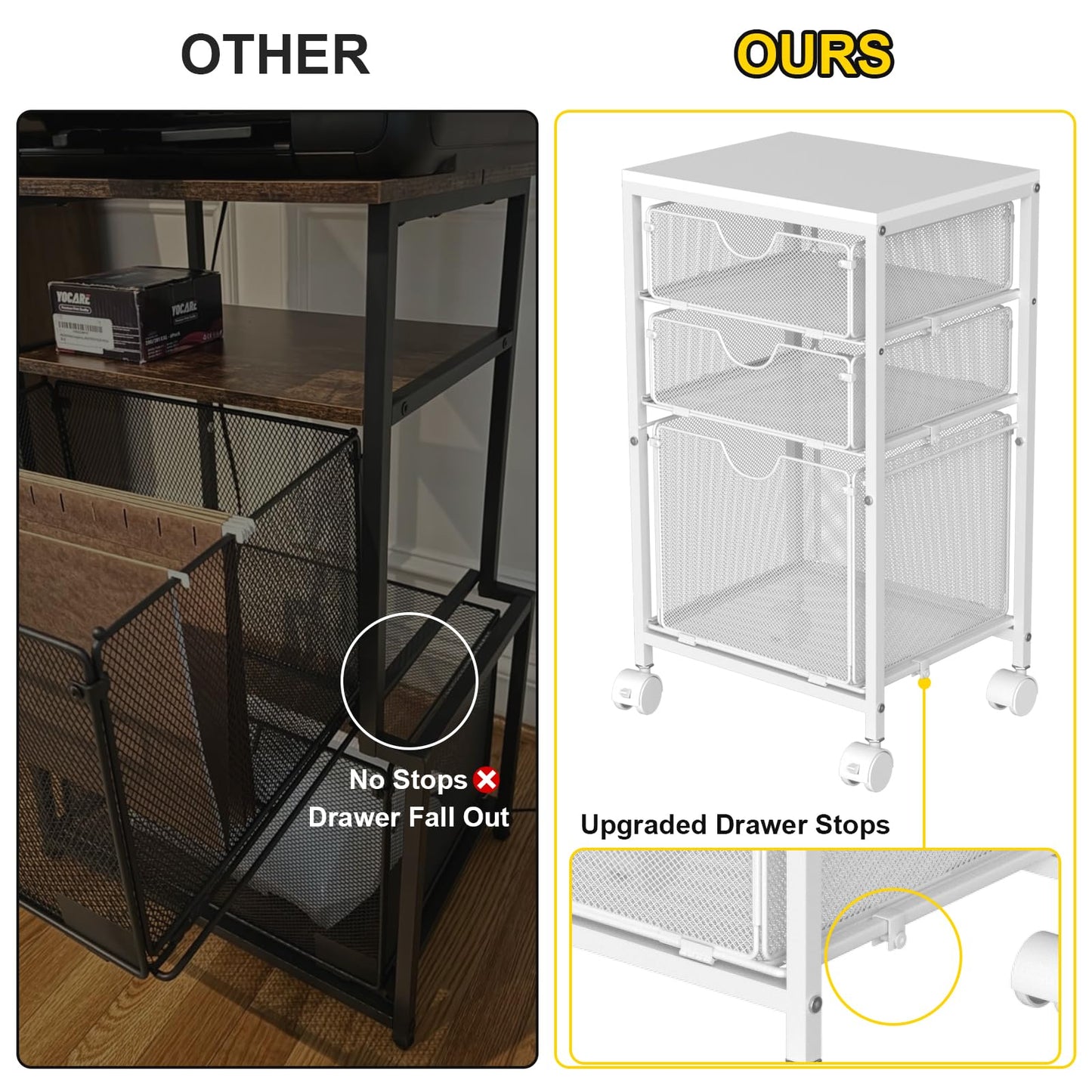 BOHDK Rolling File Cart with 3 Storage Drawers, Wood & Mesh Hanging File Folder Organizer with Wheels Under Desk, File Cabinets for Home Office, 11.81" D x 14.8" W x 25.39" H, White