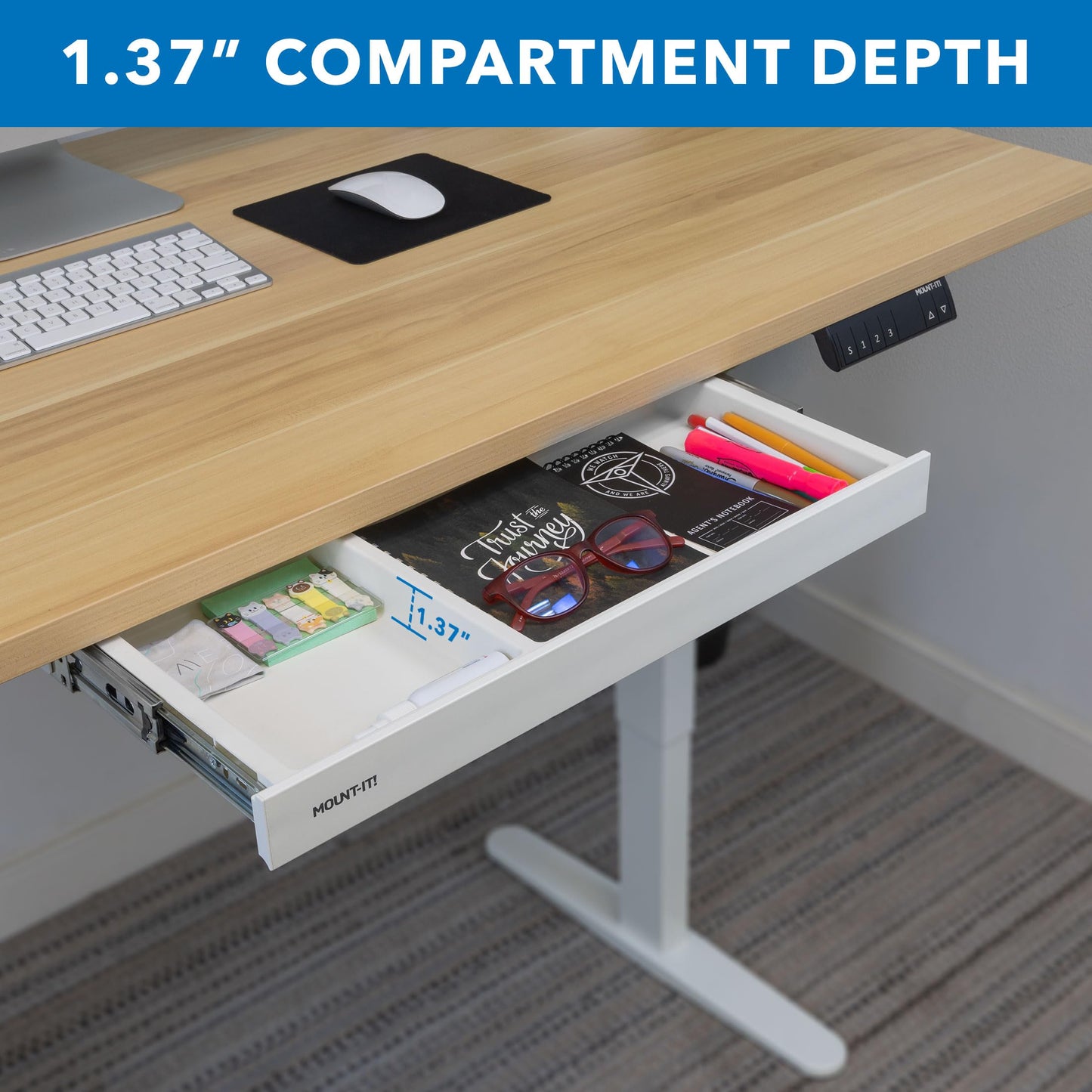 Mount-It! Under Desk Drawer Organizer with 2 Compartments, Shallow Low-Profile Slide-Out Desk Tray, 20.7″ x 8.9″ x 1.8″, Pull-Out Pencil Drawer for Traditional & Standing Desks- White