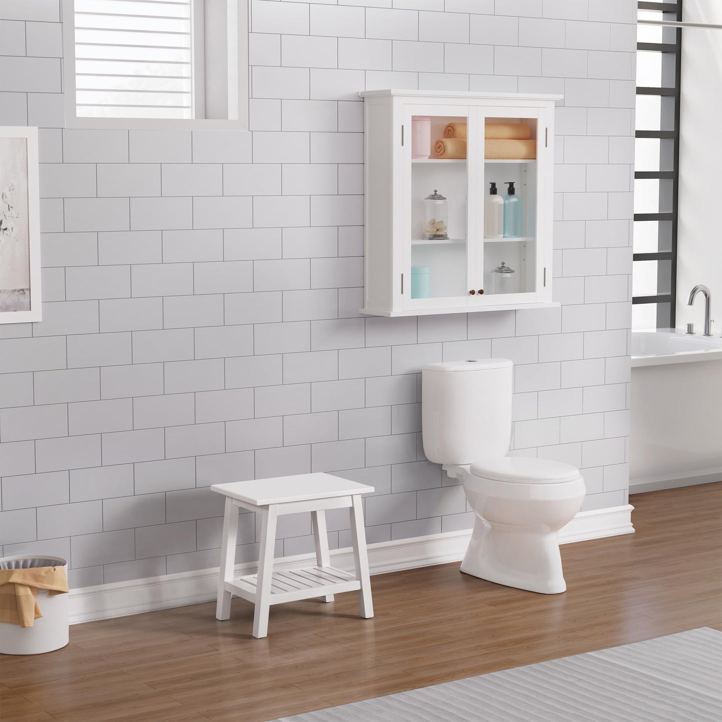Alaterre Furniture Dorset Bench Stool with Storage – Multi-Functional and Space-Saving Wooden Seat with Bottom Shelf for Bathroom, Entryway, Bedroom, or Kitchen Seating & Organization