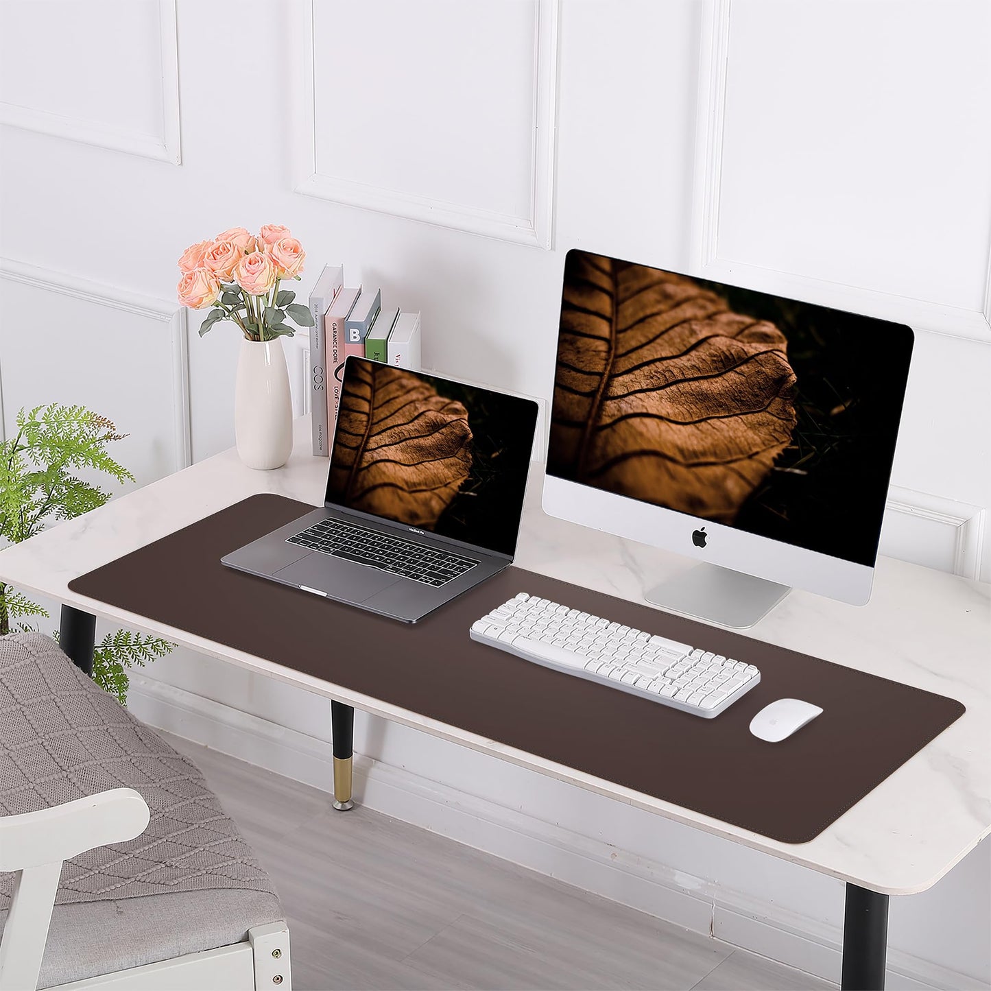 AFIING Leather Desk Pad Protector, Large Desk Mat with Natural Cork & PU Leather, Mouse Pad, Non-Slip, Waterproof Desk Writing Pad for Office and Home (Coffee)