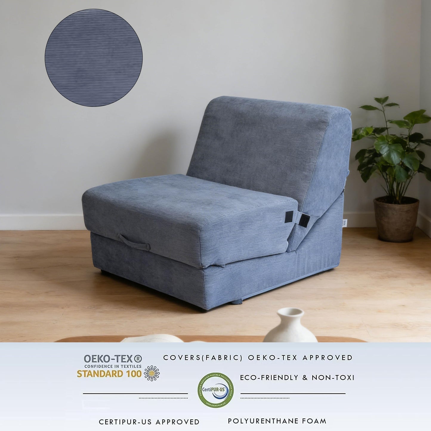 jela Luxury Corduroy Indoor Chaise Lounge, Foldable Sofa Bed Chair with Soft Foam & Machine Washable Cover (Corduroy Gray)
