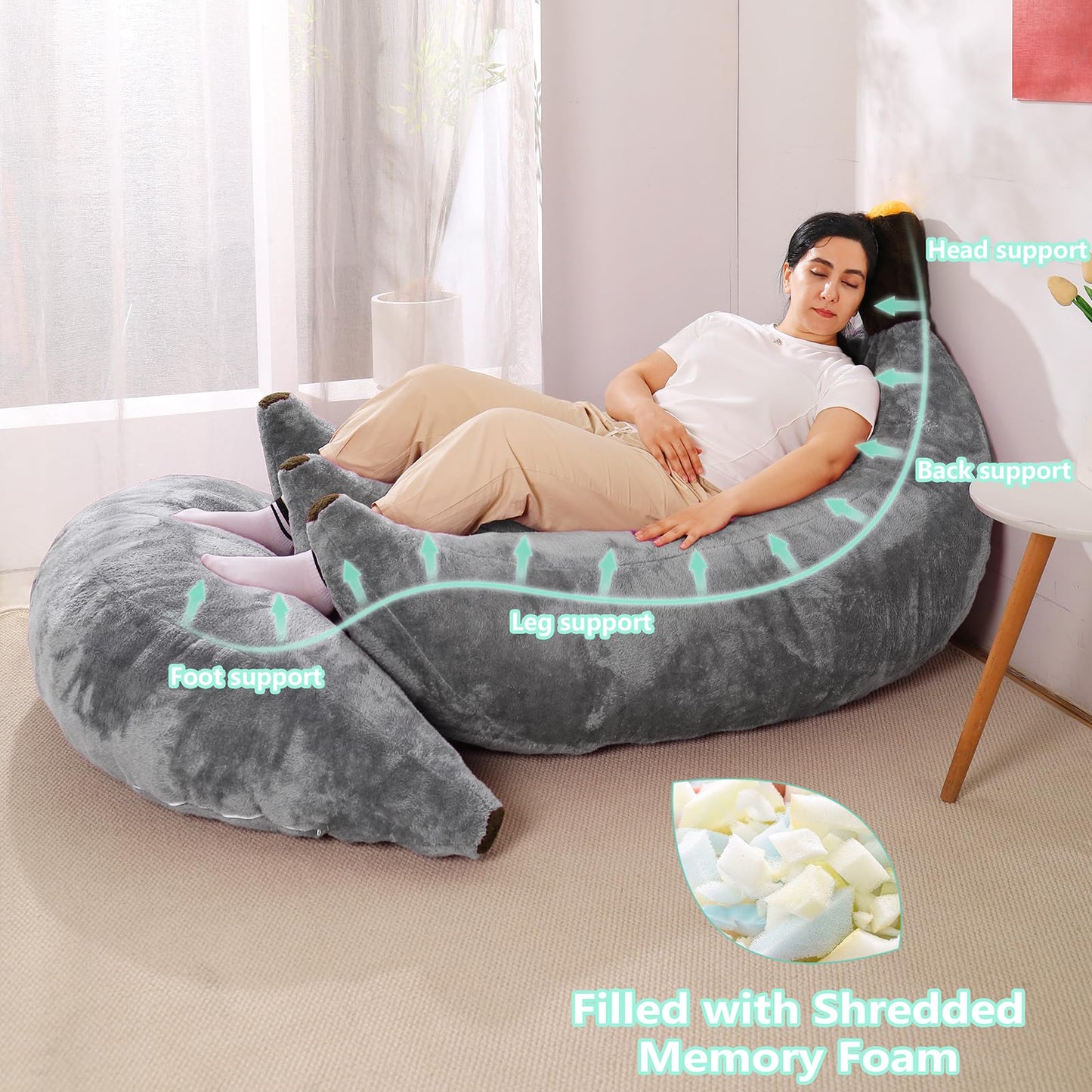 IEVENW Banana Bean Bag Chair with Ottoman, Floor Sofa Bed with Footrest, Comfy Convertible Lounger for Adults, Plush Couch for Bedroom, Living Room or Dorm, L-Grey