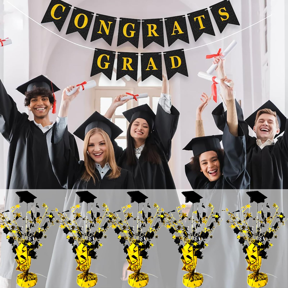 FUBININA 6 Pack 2026 Graduation Table Centerpiece Party Decoration Metallic Foil Spray Glitter Graduate Cap Decor Star Table Top for Graduation Parties Grad Ceremonies Party Favor, Black and Gold
