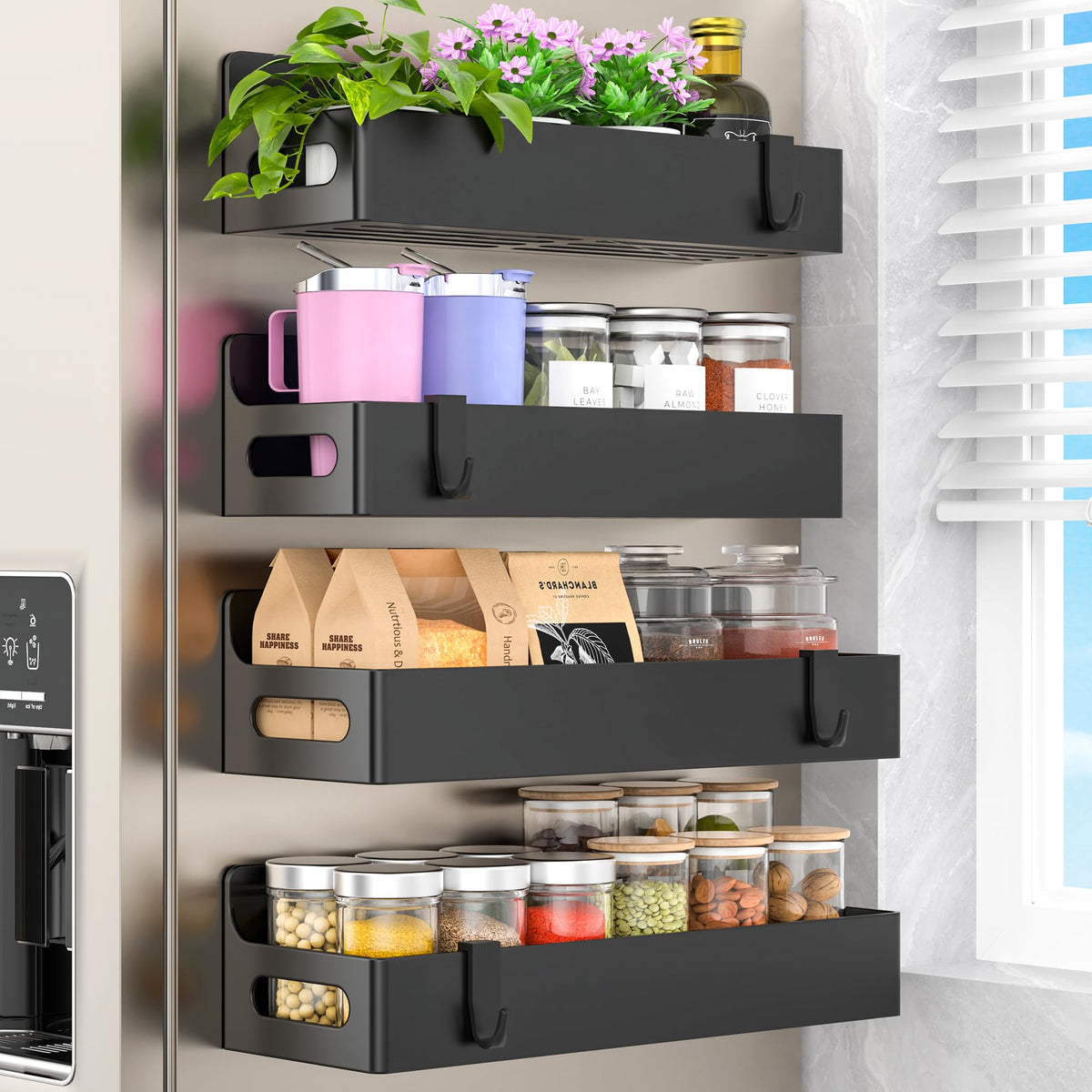HuggieGems 4 Pack Magnetic Spice Seasoning Rack for Refrigerator, Magnetic Shelf Holder for Fridge with 4 Hooks for Kitchen Organization Storage, Black