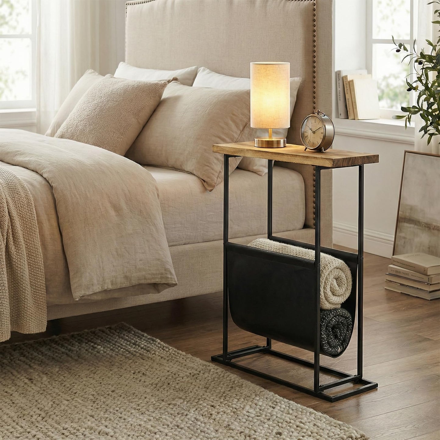 MyGift 21-Inch Modern Narrow Living Room End Table with Solid Burnt Wood Tabletop and Black Metal Frame, Bedroom Nightstand Side Table with Magazine Holder Sling