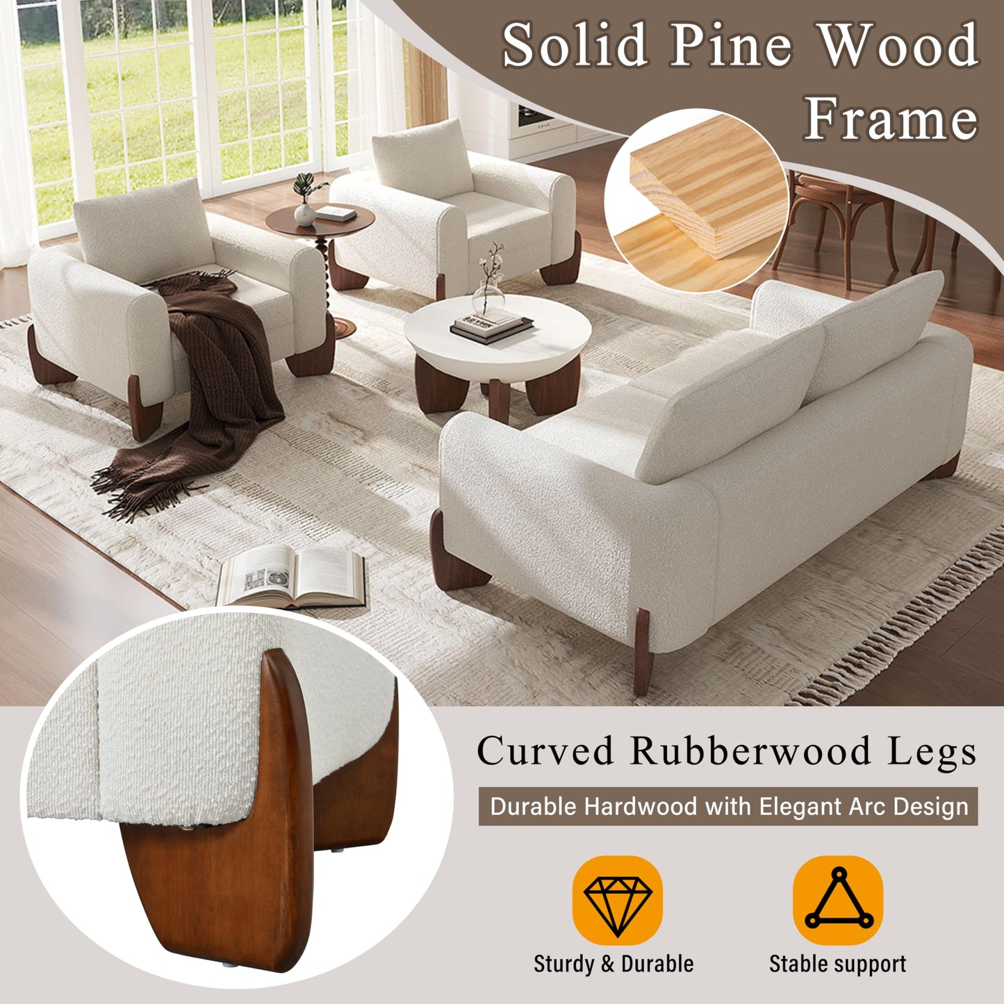 3 Piece Living Room Sofa Furniture Set, Loveseat and 2 Armchairs, Comfortable Modular Sofa for Apartment, Living Room, Beige