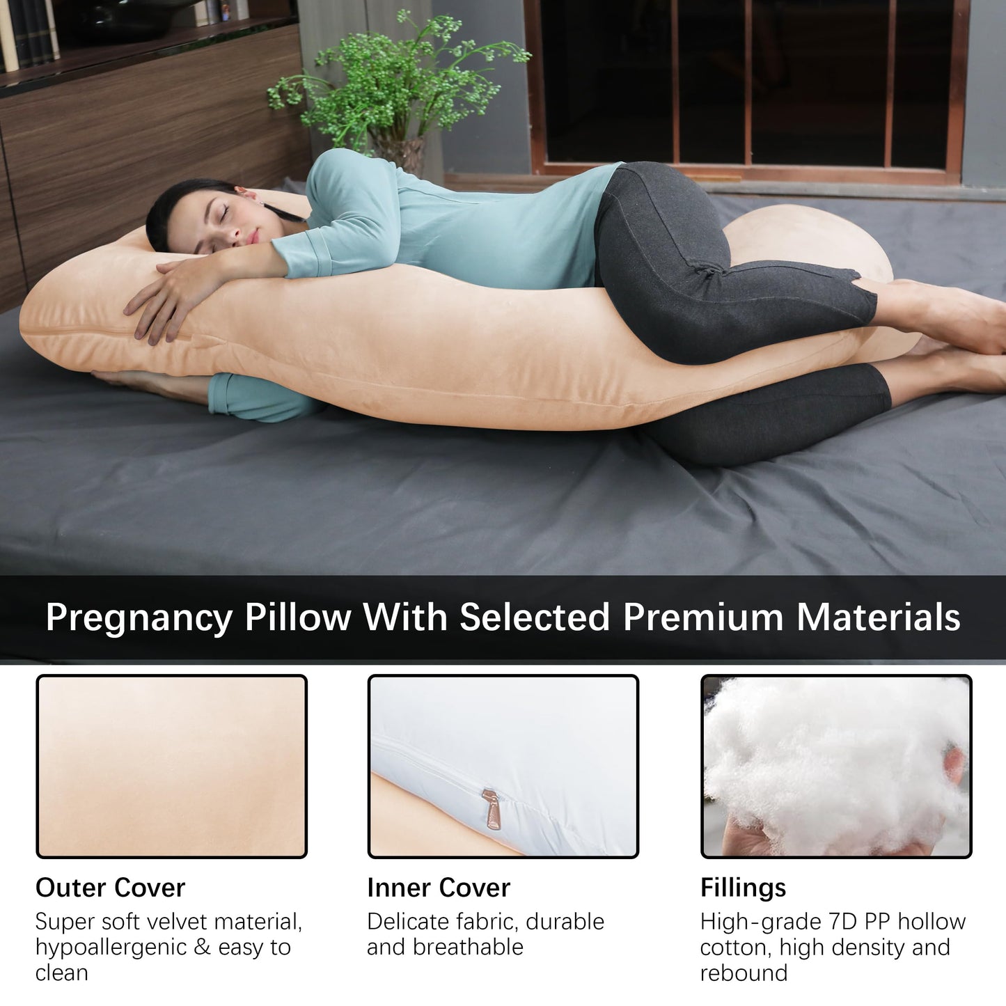 MOON PARK Pregnancy Pillows for Sleeping - U Shaped Full Body Maternity Pillow with Removable Cover - Support for Back, Legs, Belly, Hips - 57 Inch Pregnancy Pillow for Women - Brown