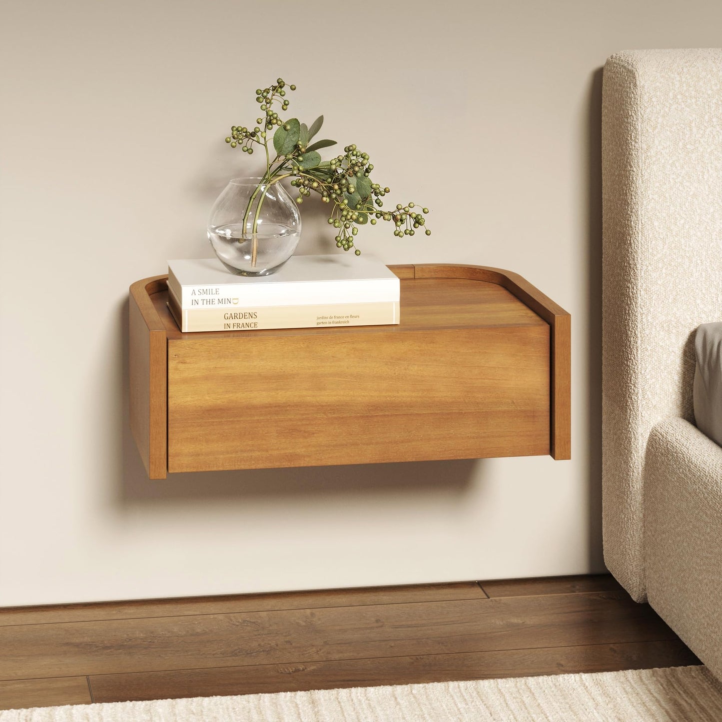 Nathan James Tyla Wall Mounted Bedside Table, Floating 1-Drawer Nightstand with Rounded Edges, Light Brown