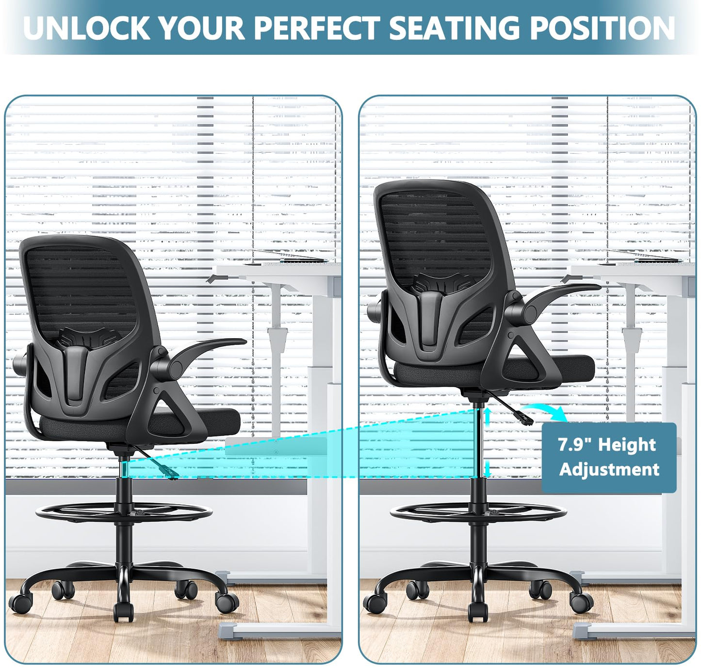 Kensaker Drafting Chair Tall Office Chair, Ergonomic Standing Desk Chair with Adjustable Foot Ring and Flip-up Armrests, Mesh Computer Chair for Art Studio, 300 LBS, Black