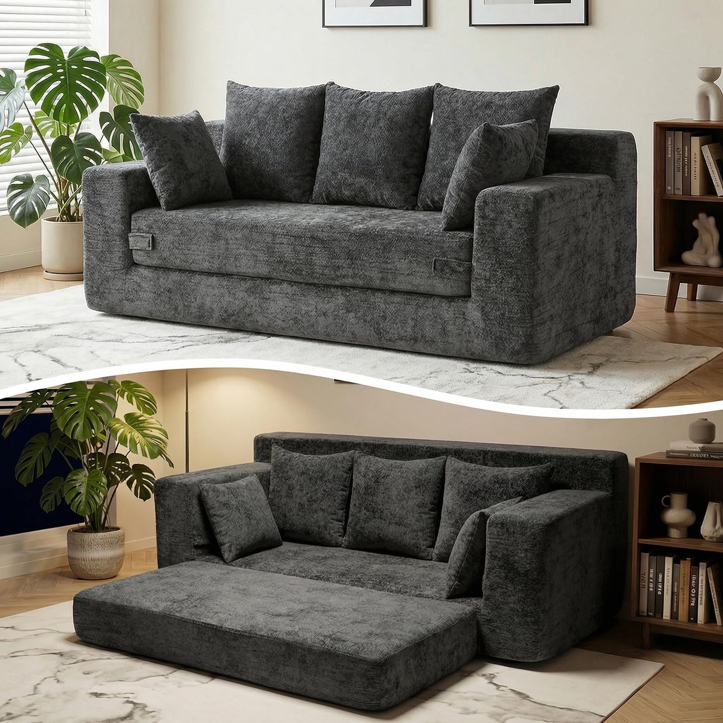Winzoo Boneless Couches 70", 3 Seater Boneless Couch with Pull Out Sofa Bed, Gray Boneless Couch with 5 Pillows, Plush Velvet Sofa for Living Room & Bedroom
