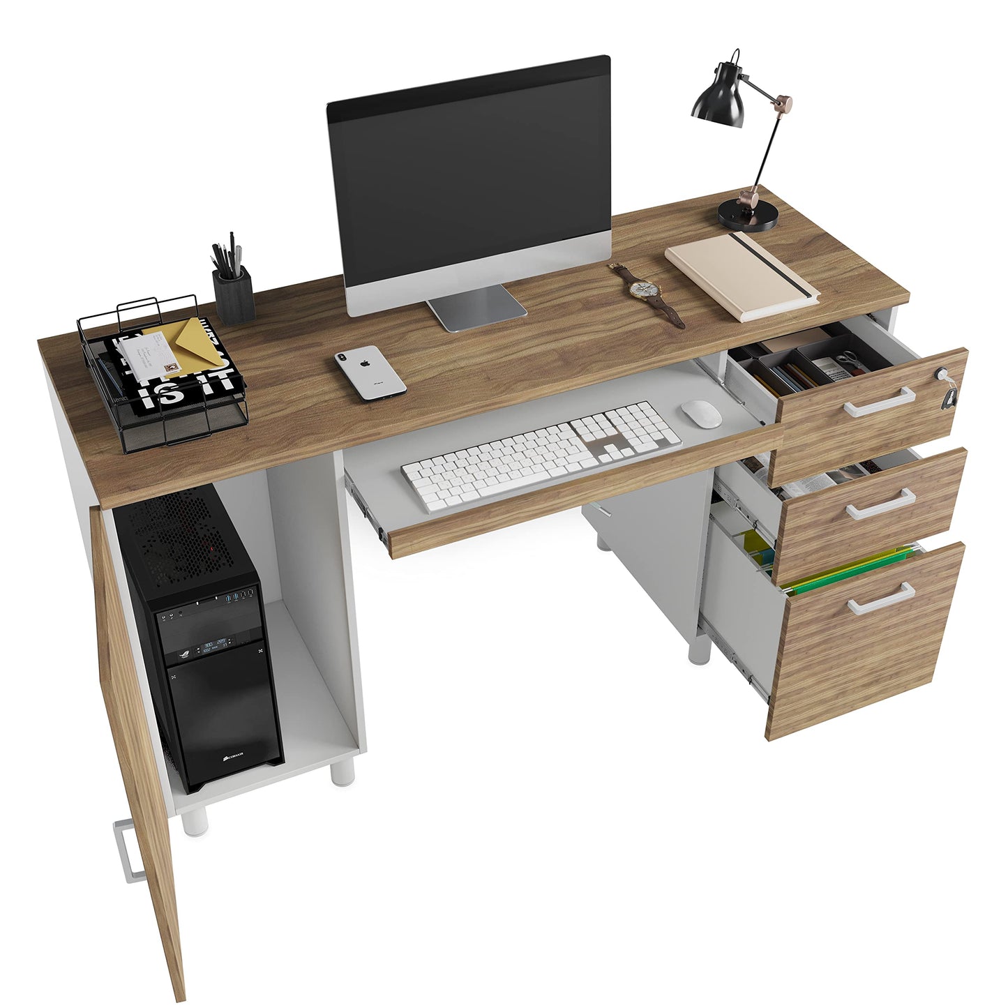 Modern Design Venice Computer Desk with Lockable Drawers, 53 Inch Home Office Desk with Storage Cabinet, Keyboard Tray & Cable Management, Modern Study Writing Desk for Small Spaces, Walnut and White