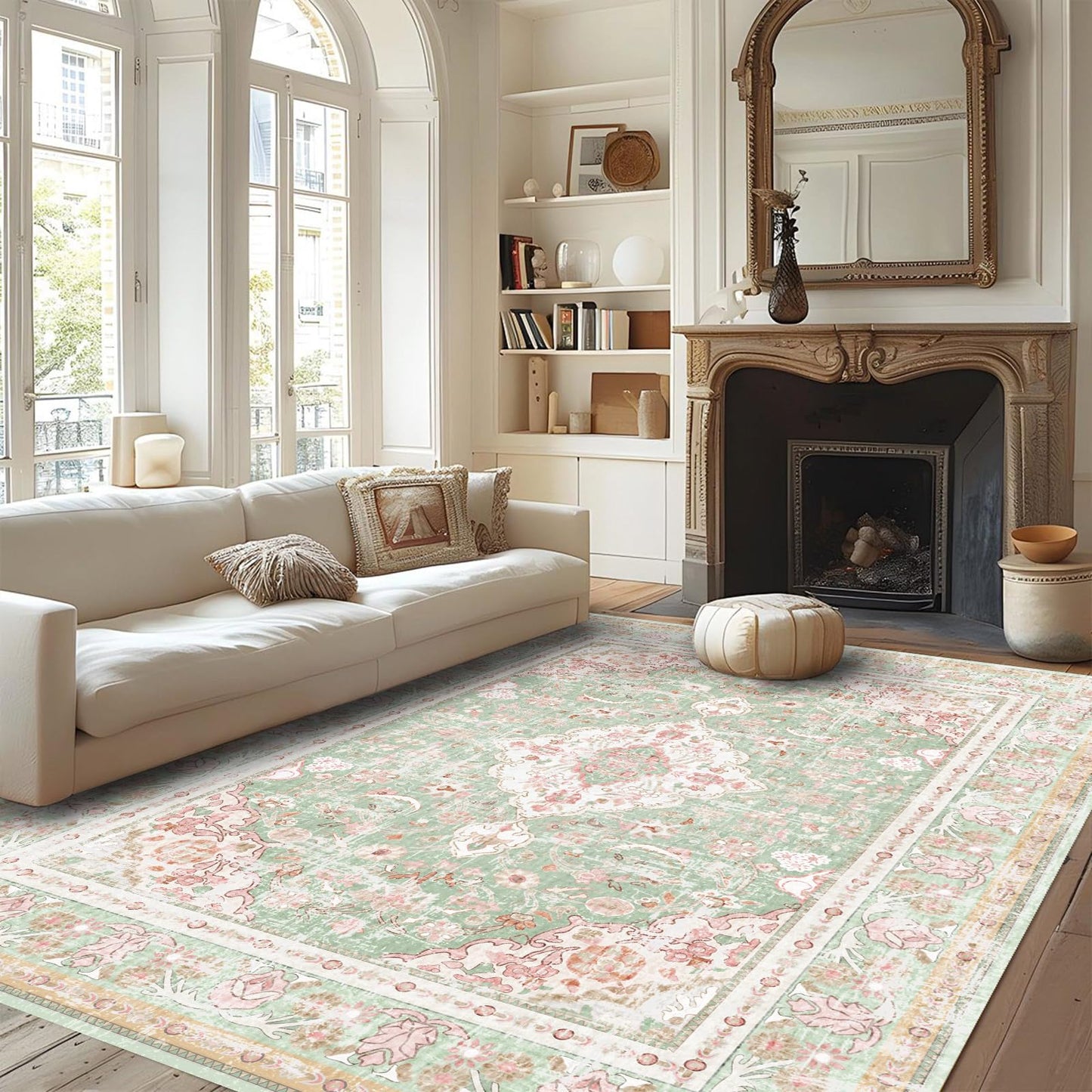 Vhong Washable Area Rugs Boho Vintage Modern Neutral Large Carpet Green and Pink High Traffic Rugs 6×9 for Dinning Room Living Room Bedroom Farmhouse Non Slip