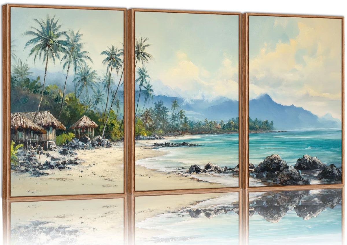 Rantodecor Tropical Coastal Framed Canvas Wall Art, Beach Landscape Posters Wall Decor, Island Palm Trees Beach House Art Paintings, Seascape Mountains Artwork for Bedroom Living Room Office 16"x24"x3