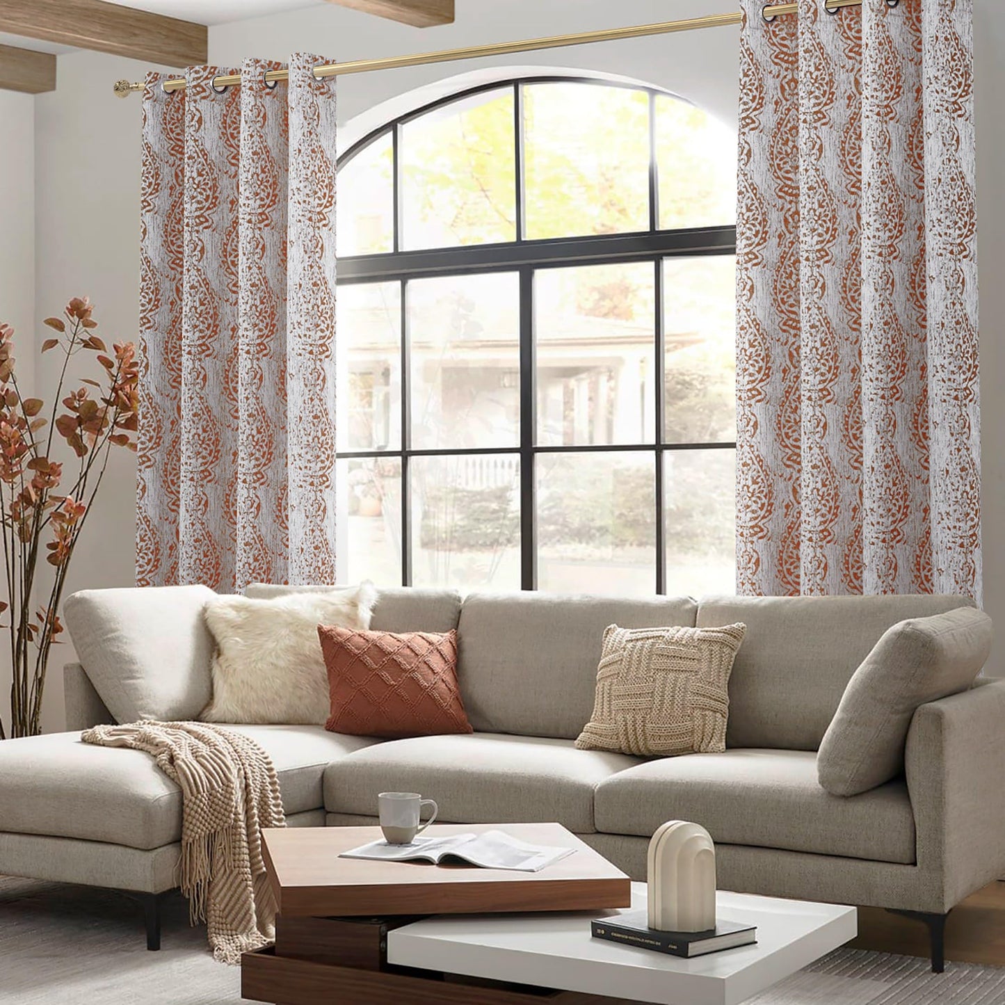 Mrs.Naturall Rust Curtains for Bedroom, Boho Moroccan Curtains 45 inch Length for Kitchen,Terracotta