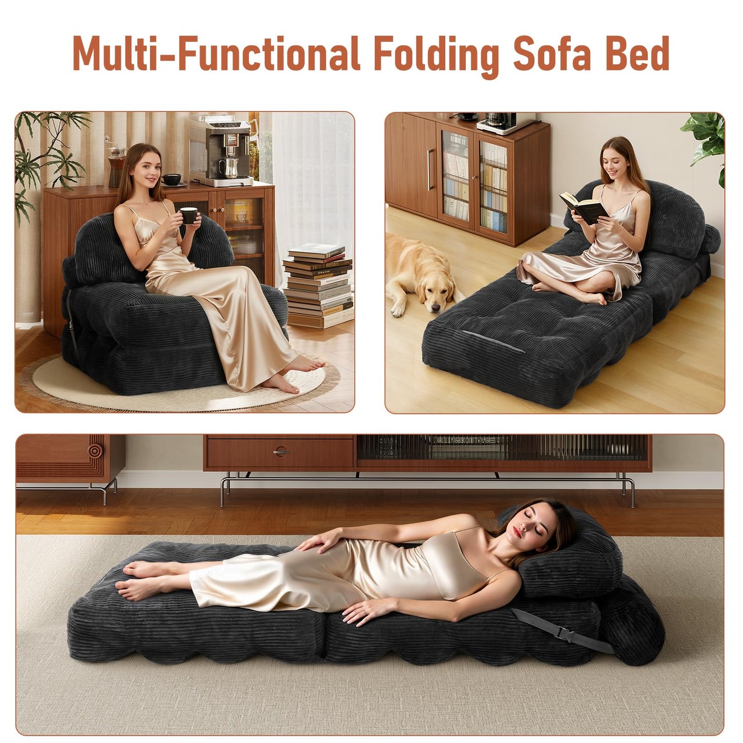Vellorise Folding Sofa Bed, Convertible Sleeper Chair with Back Support and Pillow Futon,Boneless Foldable Couch for Living Room/Guest Use/Home Office, Foldable Chair Bed for Adults, Black