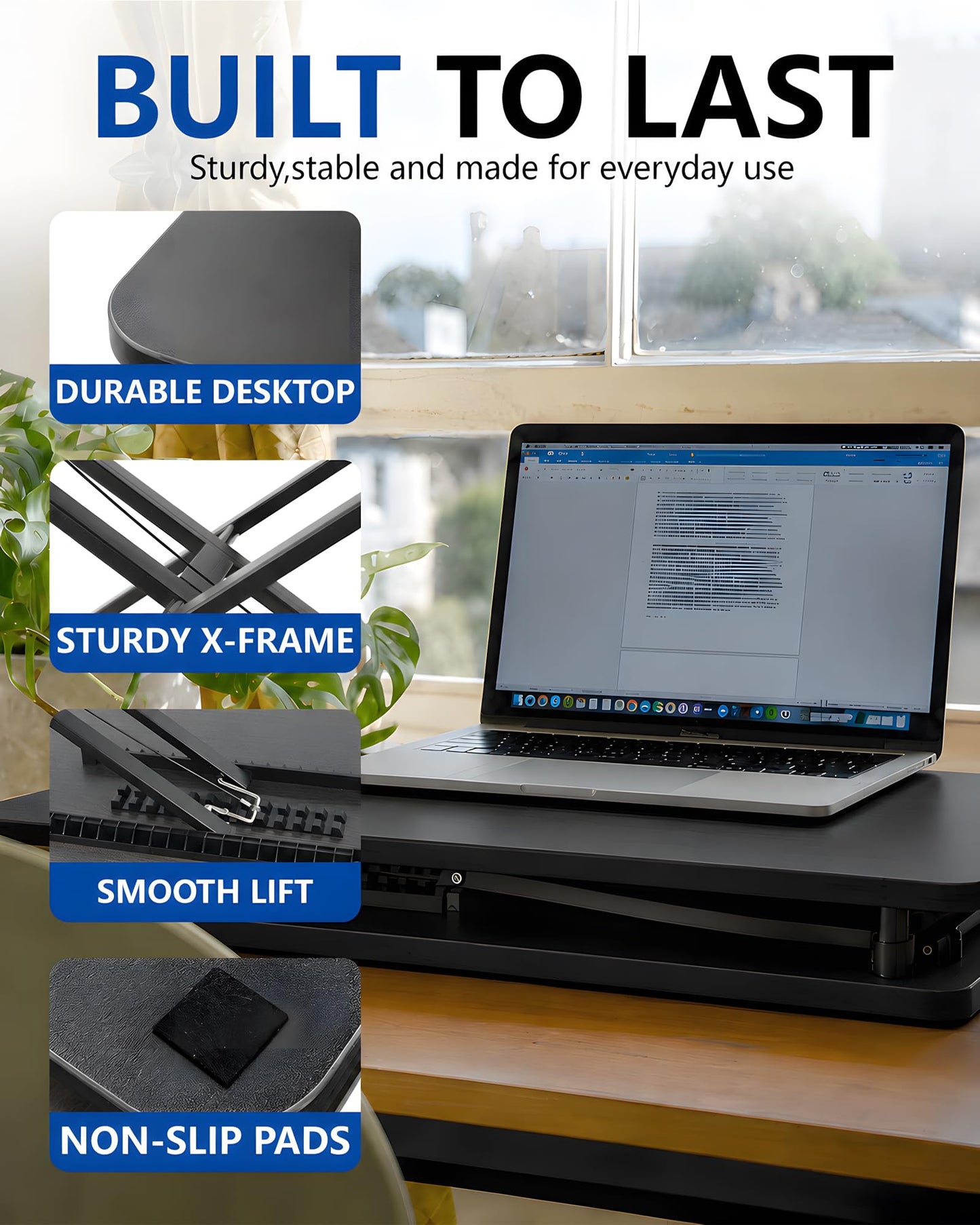 biueus Ultra-Slim Standing Desk Converter, 25.16" x 15.75" Compact Height Adjustable Desk Riser for Standing, Sit Stand Desktop Converter for Monitor or Laptop, No Assembly, Black