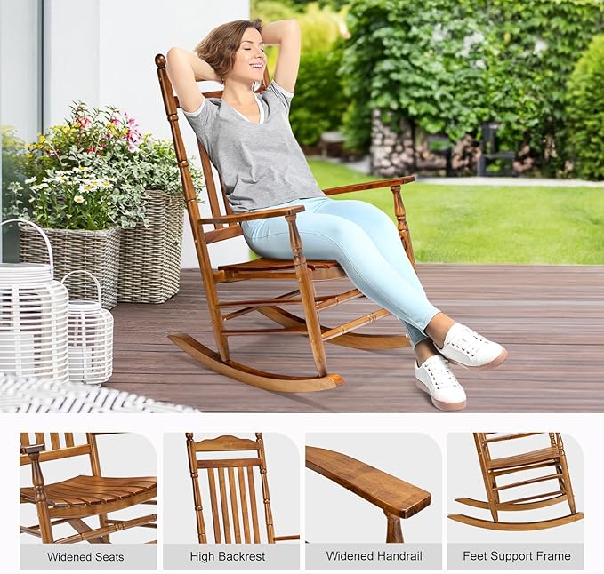 VINGLI Wooden Rocking Chair Outdoor Set of 2, Patio Rockers