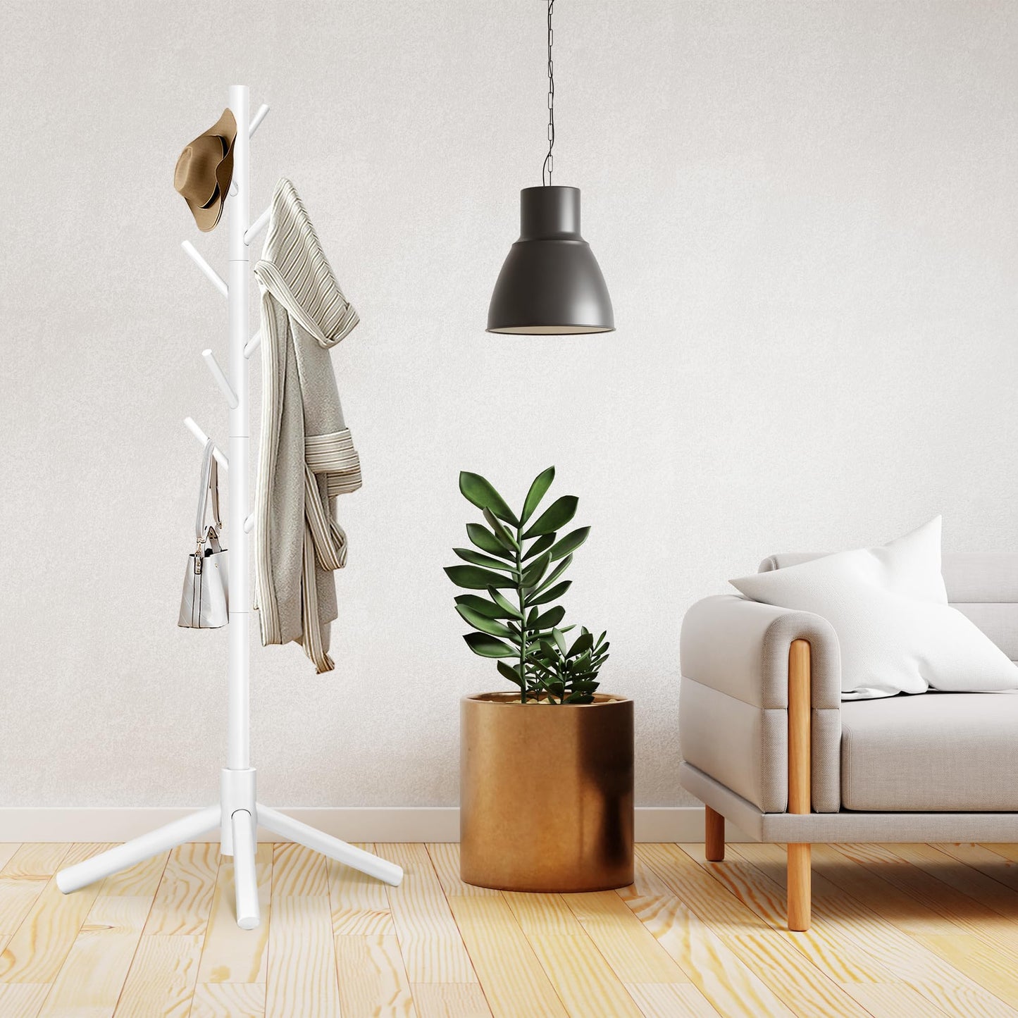 Unisakey Durable Wooden Coat Rack, Freestanding Coat Rack with Stable Triangular Base, 8 Hooks & 3 Adjustable Heights, Simple Assembly for Bedroom, Hallway, Office(New White)