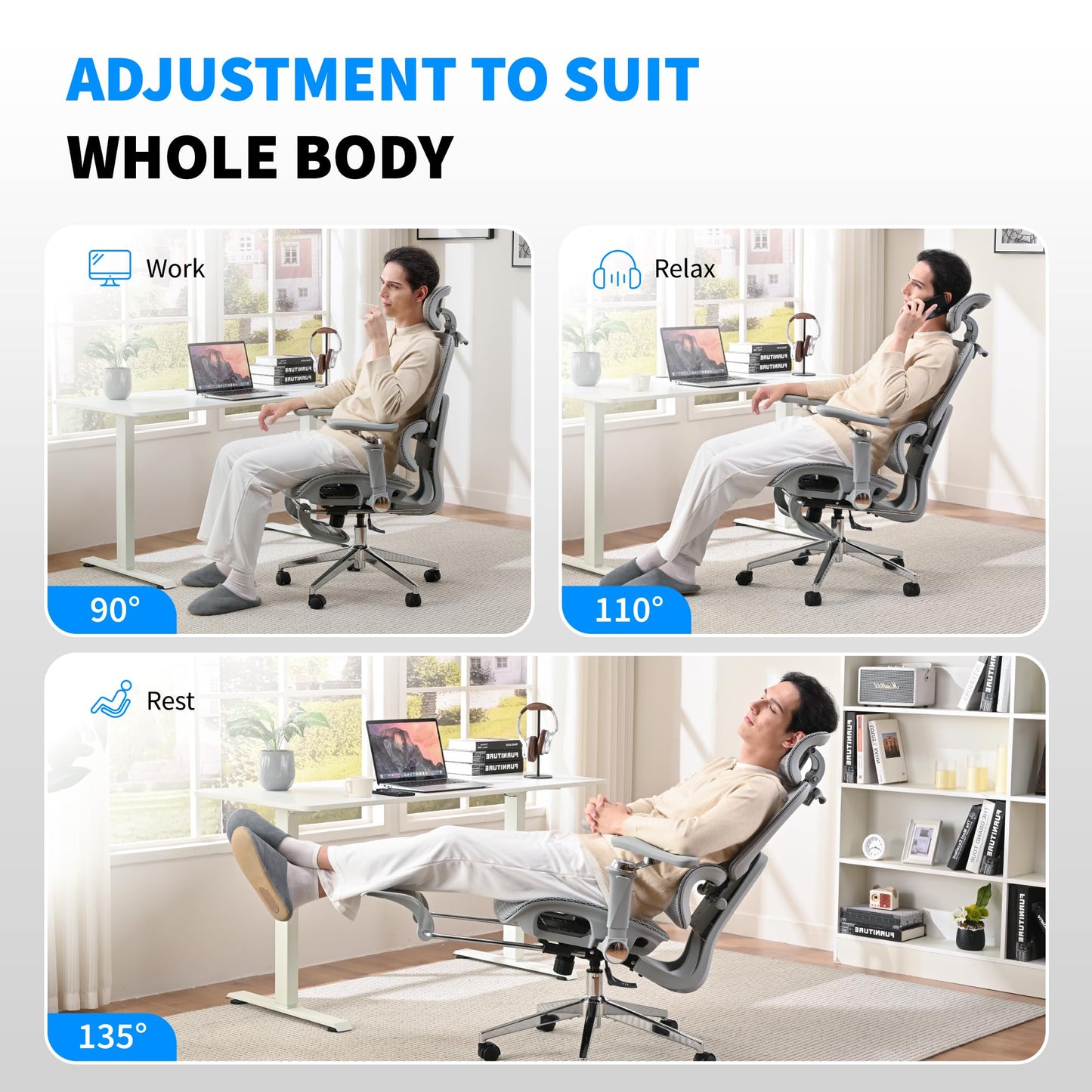 hujusko Mesh Ergonomic Office Chair with 6D Armrests,High Back Mesh Gaming Chair with Lumbar Support,Adjustable 3D Headrest for Home Office Desk Chair (Executive, Grey)