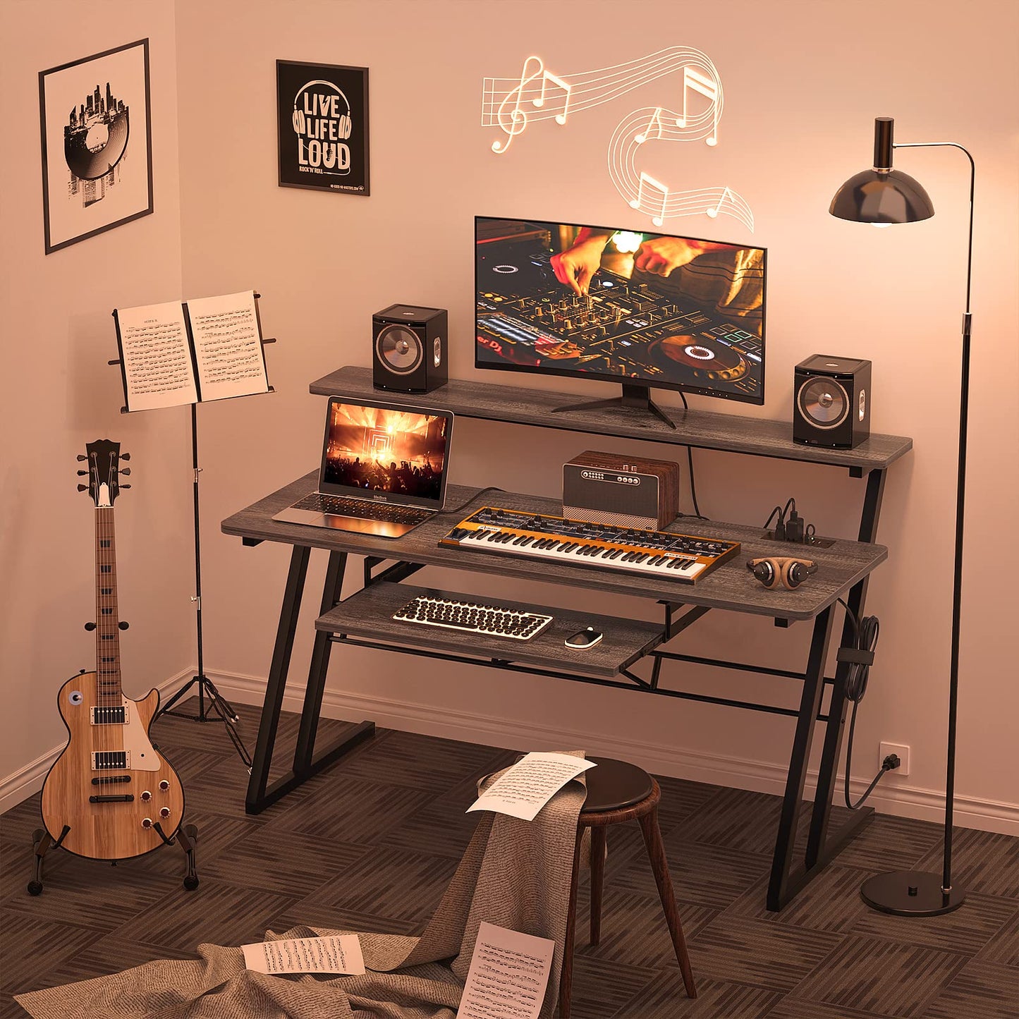 Armocity Music Studio Desk, Music Production Workstation with Power Outlets, Recording Studio Table Desks Music Producer for Home, Grey Oak
