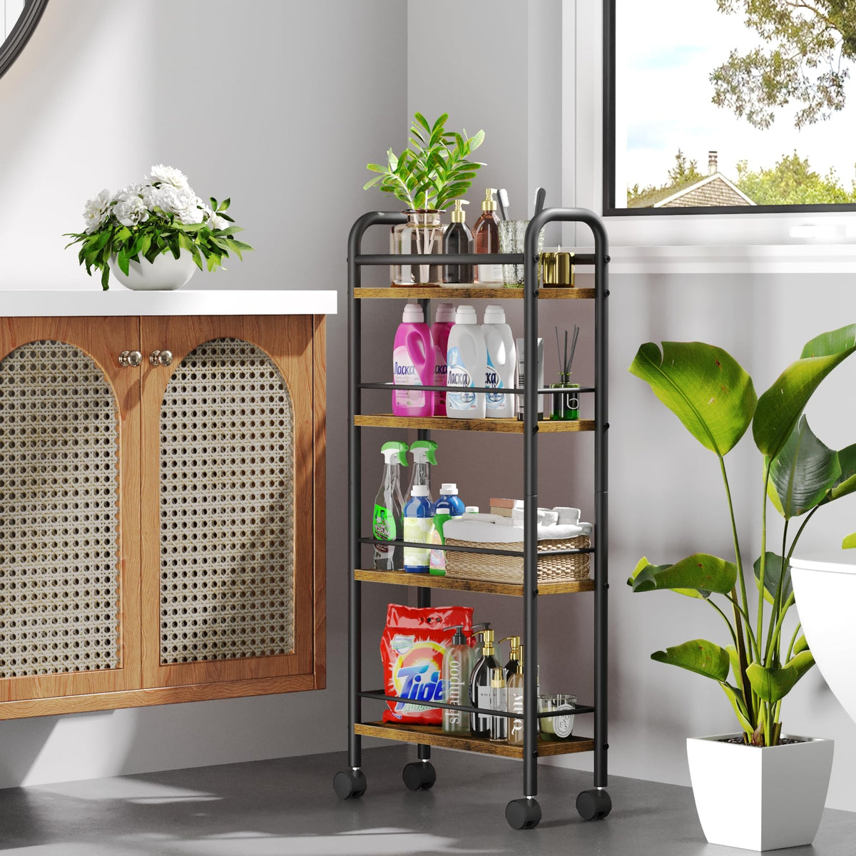 Asgolion Slim Storage Cart, 4-Tier Small Rolling Cart with Wheels, 5.9" Deep, Narrow Bathroom Shelf Trolley for Kitchen, Bathroom, Laundry Room, Rustic Brown Standard 4-Tier (5.9" W x 33.6" H)
