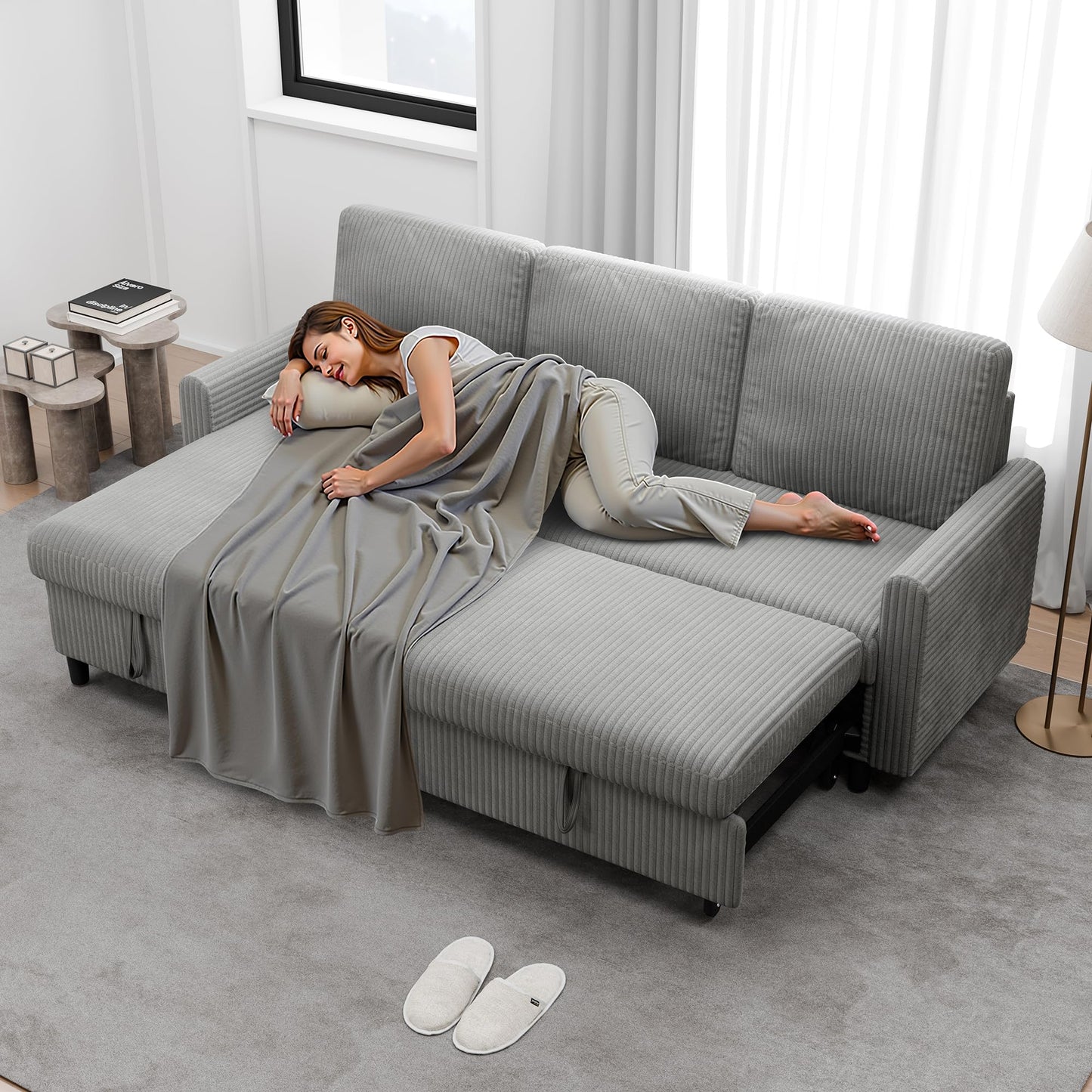 Walsunny 77" Sectional Sleeper Sofa with Pull Out Bed, Modern L-Shaped Corduroy Convertible Couch with Storage Chaise, Reversible Sofa Bed for Small Spaces, Apartment, Office, Light Grey